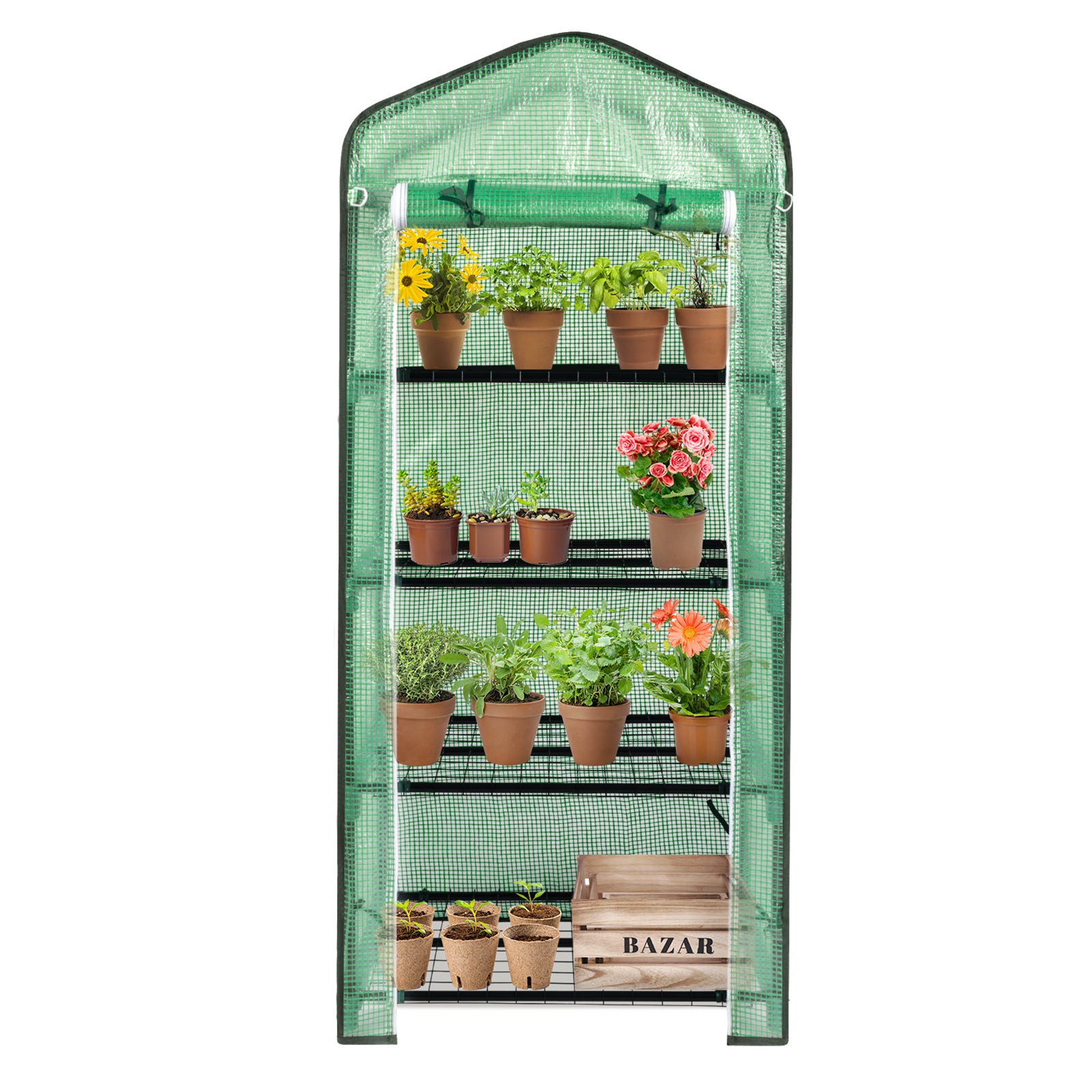 HAOYYE Durable Portable Greenhouse with Grid Shelves and Zippered Door, Metal Frame Plant Stand with PE Cover for Indoor Outdoor Gardening, Stable Multi Tier Greenhouse for Healthy Plant Growth
