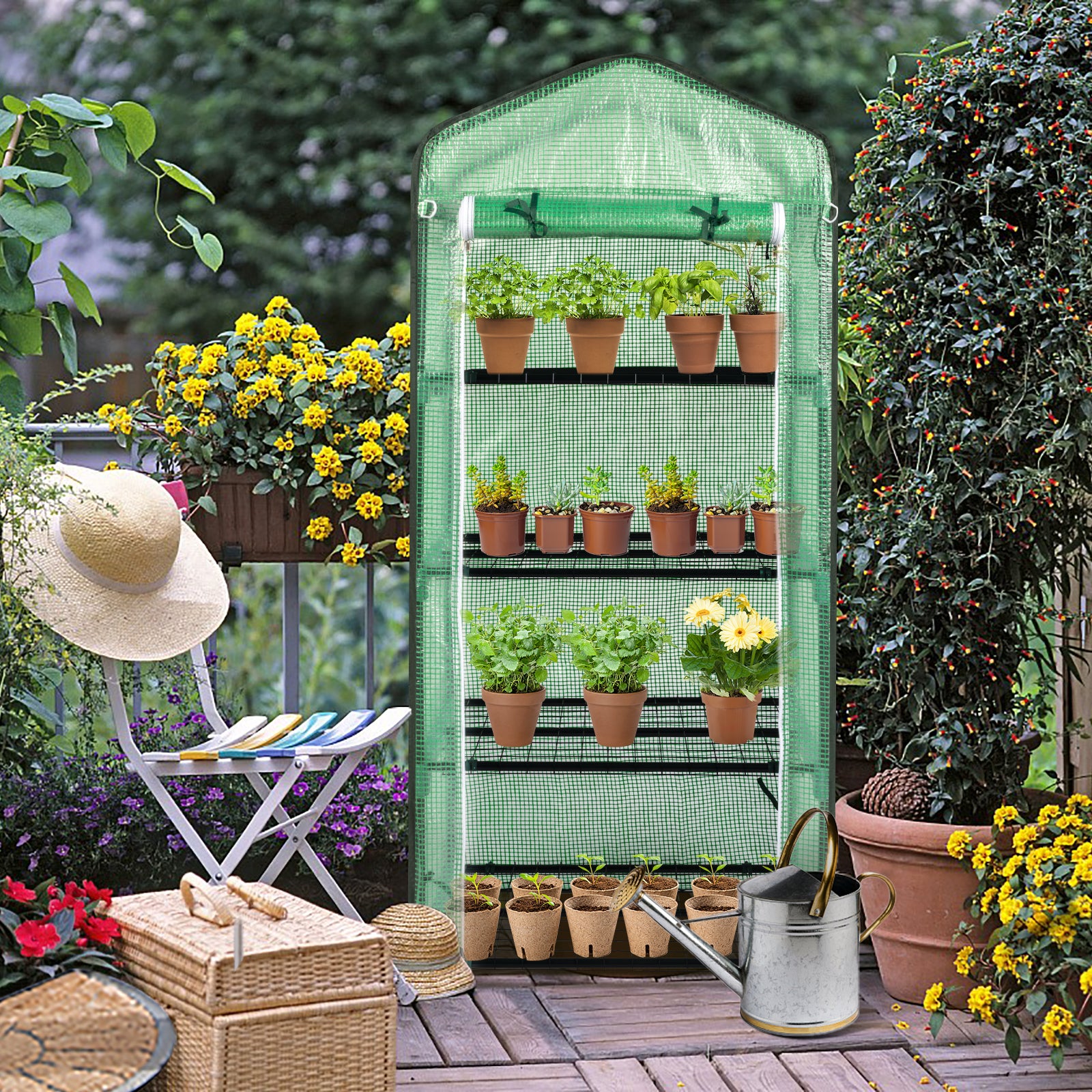 HAOYYE Durable Portable Greenhouse with Grid Shelves and Zippered Door, Metal Frame Plant Stand with PE Cover for Indoor Outdoor Gardening, Stable Multi Tier Greenhouse for Healthy Plant Growth