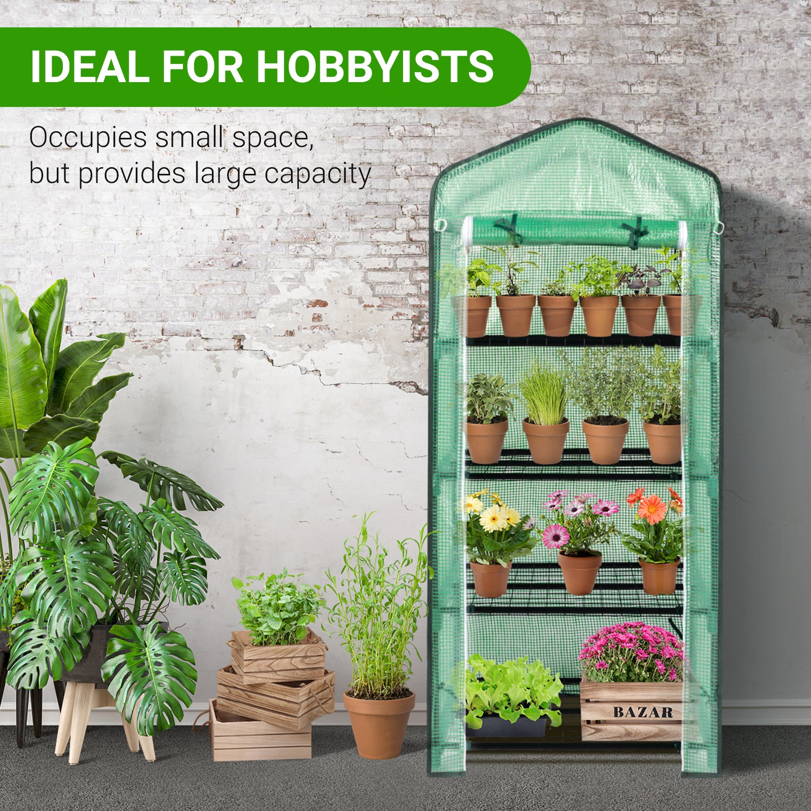HAOYYE Durable Portable Greenhouse with Grid Shelves and Zippered Door, Metal Frame Plant Stand with PE Cover for Indoor Outdoor Gardening, Stable Multi Tier Greenhouse for Healthy Plant Growth