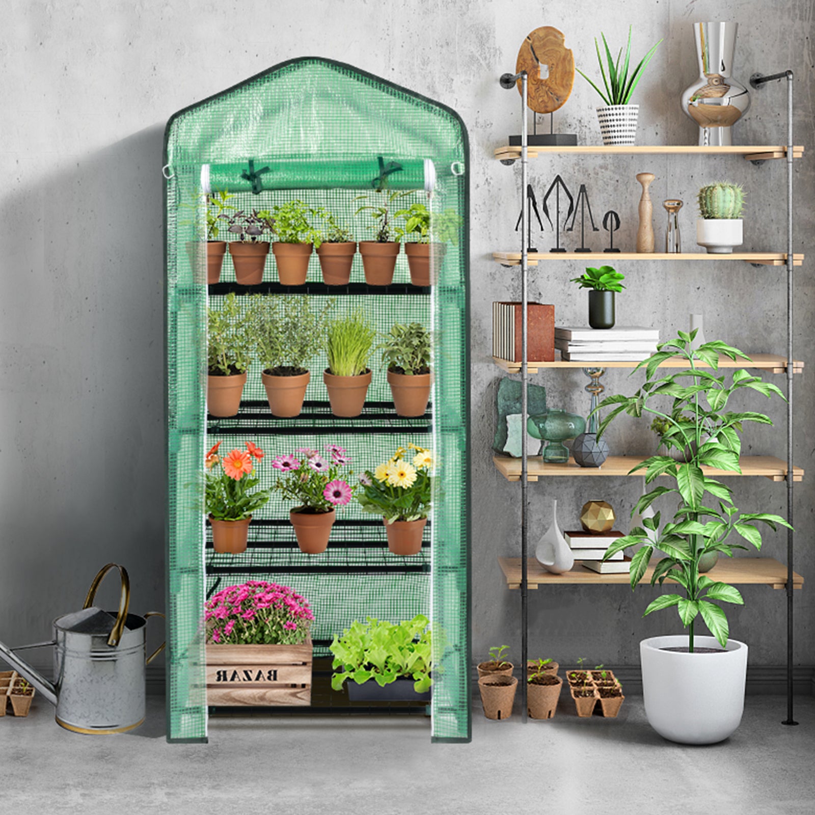 HAOYYE Durable Portable Greenhouse with Grid Shelves and Zippered Door, Metal Frame Plant Stand with PE Cover for Indoor Outdoor Gardening, Stable Multi Tier Greenhouse for Healthy Plant Growth