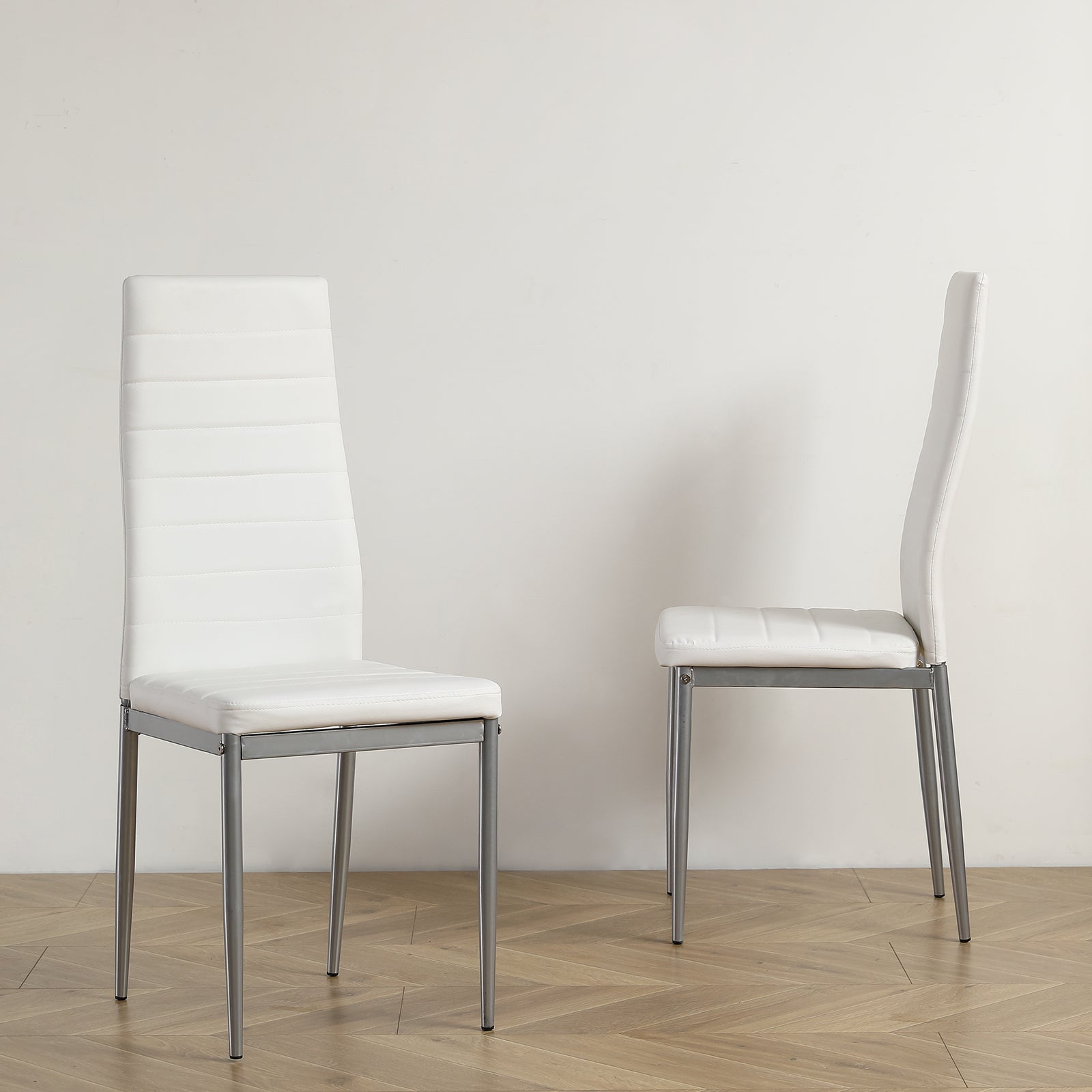 HAOYYE 4PCS PU Leather Dining Chairs with Backrest Cushion, Horizontal Stitching Design, Sturdy Steel Frame, Creamy White Seat with Gray Legs for Dining Room Kitchen