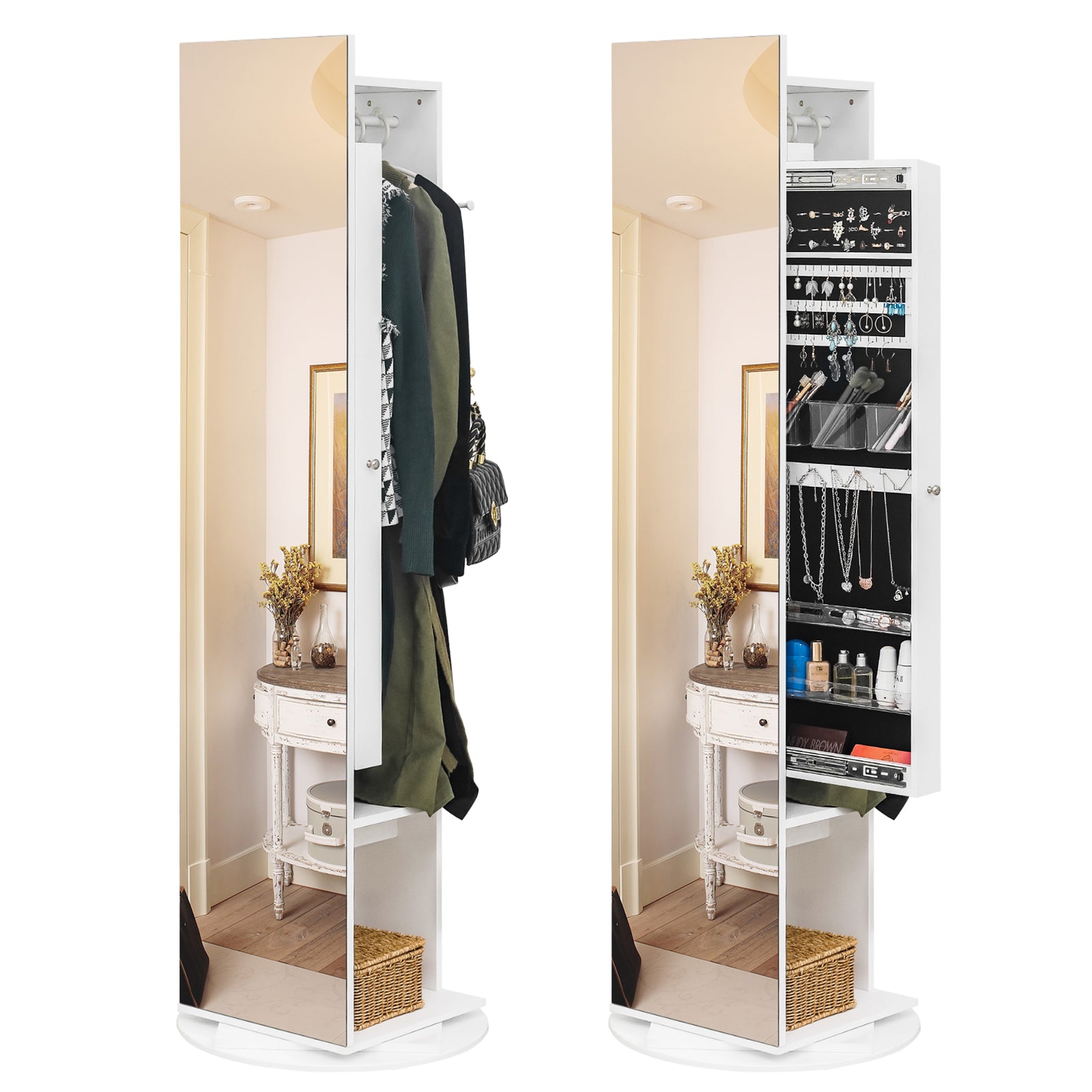 HAOYYE 1PCS Jewelry Armoire with Full Length Mirror 360° Rotating Large Capacity Jewelry Organizer Mirror with Storage Coat Rack Multi Storage Shelves