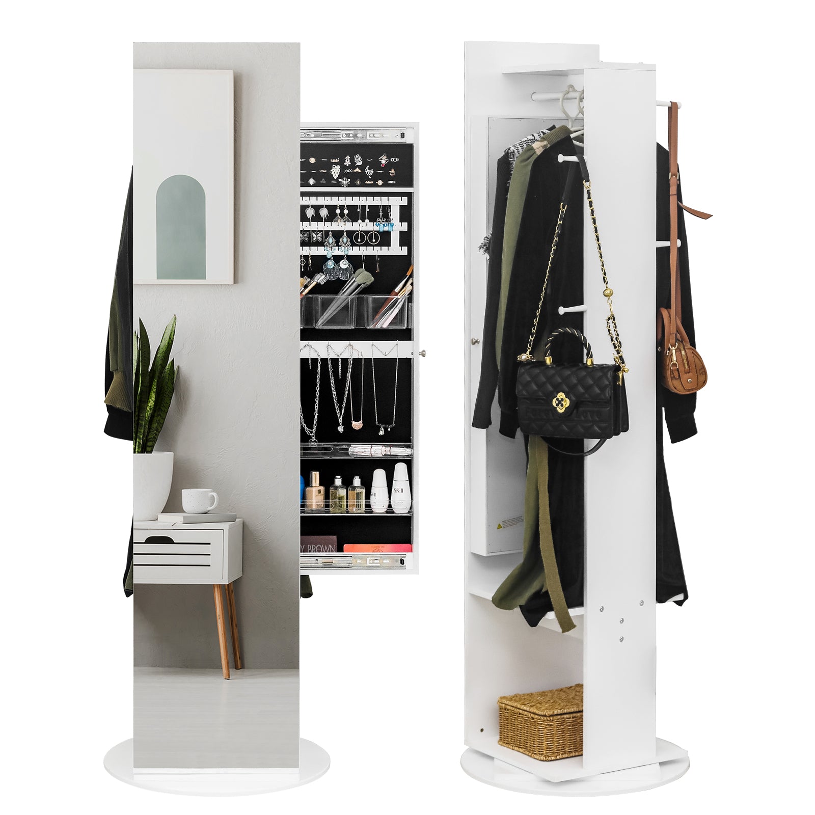HAOYYE 1PCS Jewelry Armoire with Full Length Mirror 360° Rotating Large Capacity Jewelry Organizer Mirror with Storage Coat Rack Multi Storage Shelves