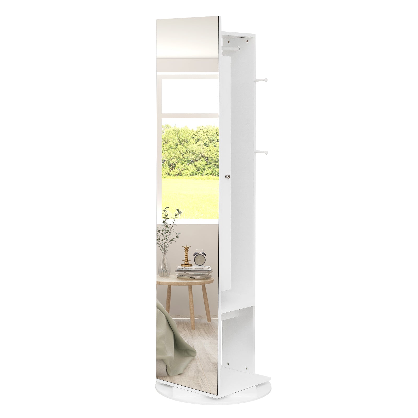 HAOYYE 1PCS Jewelry Armoire with Full Length Mirror 360° Rotating Large Capacity Jewelry Organizer Mirror with Storage Coat Rack Multi Storage Shelves