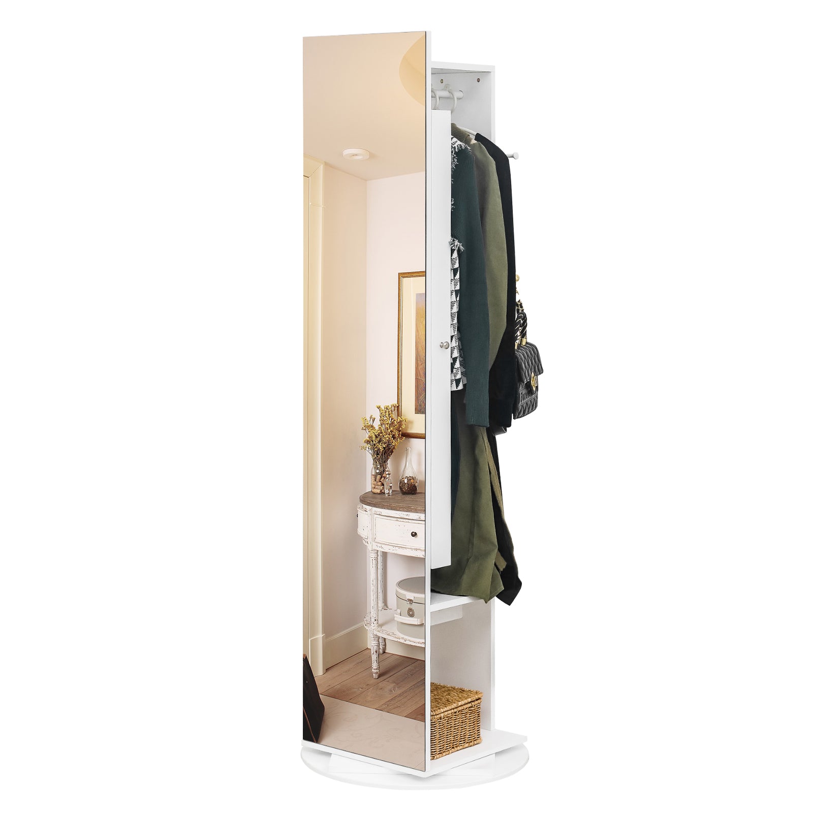HAOYYE 1PCS Jewelry Armoire with Full Length Mirror 360° Rotating Large Capacity Jewelry Organizer Mirror with Storage Coat Rack Multi Storage Shelves