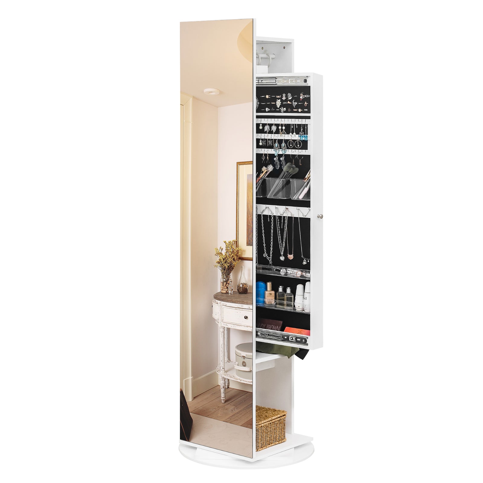 HAOYYE 1PCS Jewelry Armoire with Full Length Mirror 360° Rotating Large Capacity Jewelry Organizer Mirror with Storage Coat Rack Multi Storage Shelves
