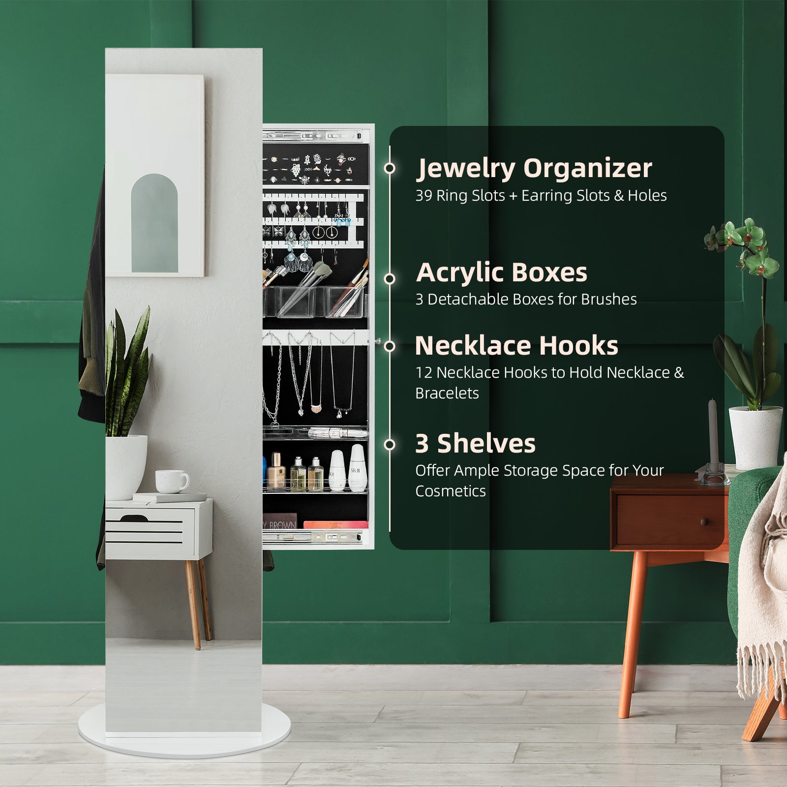 HAOYYE 1PCS Jewelry Armoire with Full Length Mirror 360° Rotating Large Capacity Jewelry Organizer Mirror with Storage Coat Rack Multi Storage Shelves