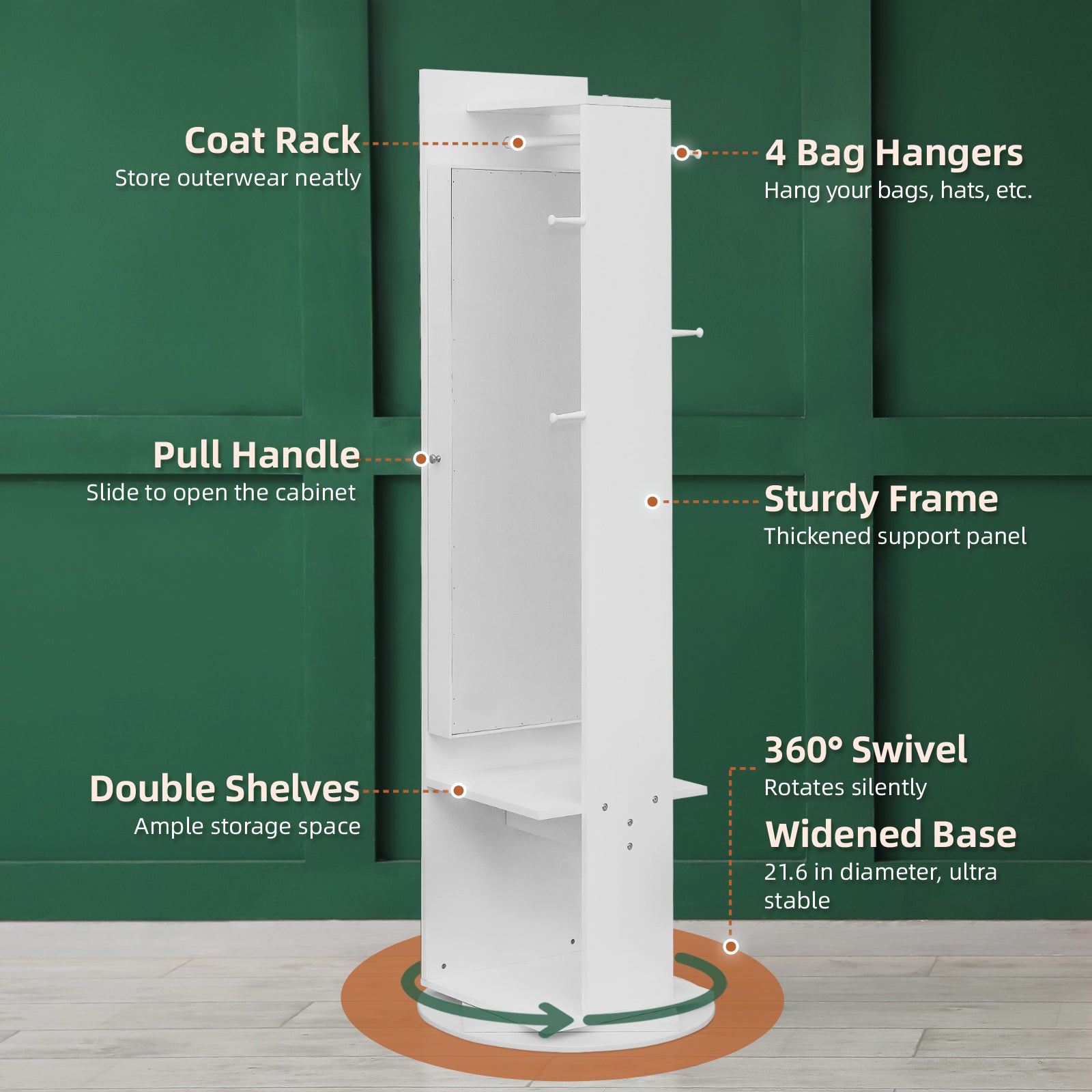 HAOYYE 1PCS Jewelry Armoire with Full Length Mirror 360° Rotating Large Capacity Jewelry Organizer Mirror with Storage Coat Rack Multi Storage Shelves
