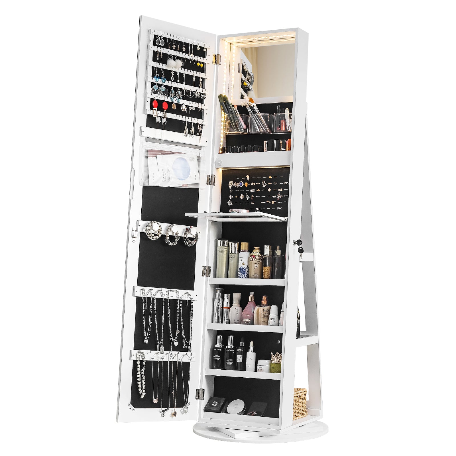 HAOYYE Jewelry Armoire with Full Length Mirror 360 Rotation Lockable Jewelry Organizer Cabinet with Multi Storage Shelves Large Capacity Mirror Armoire for Bedroom Closet Entryway