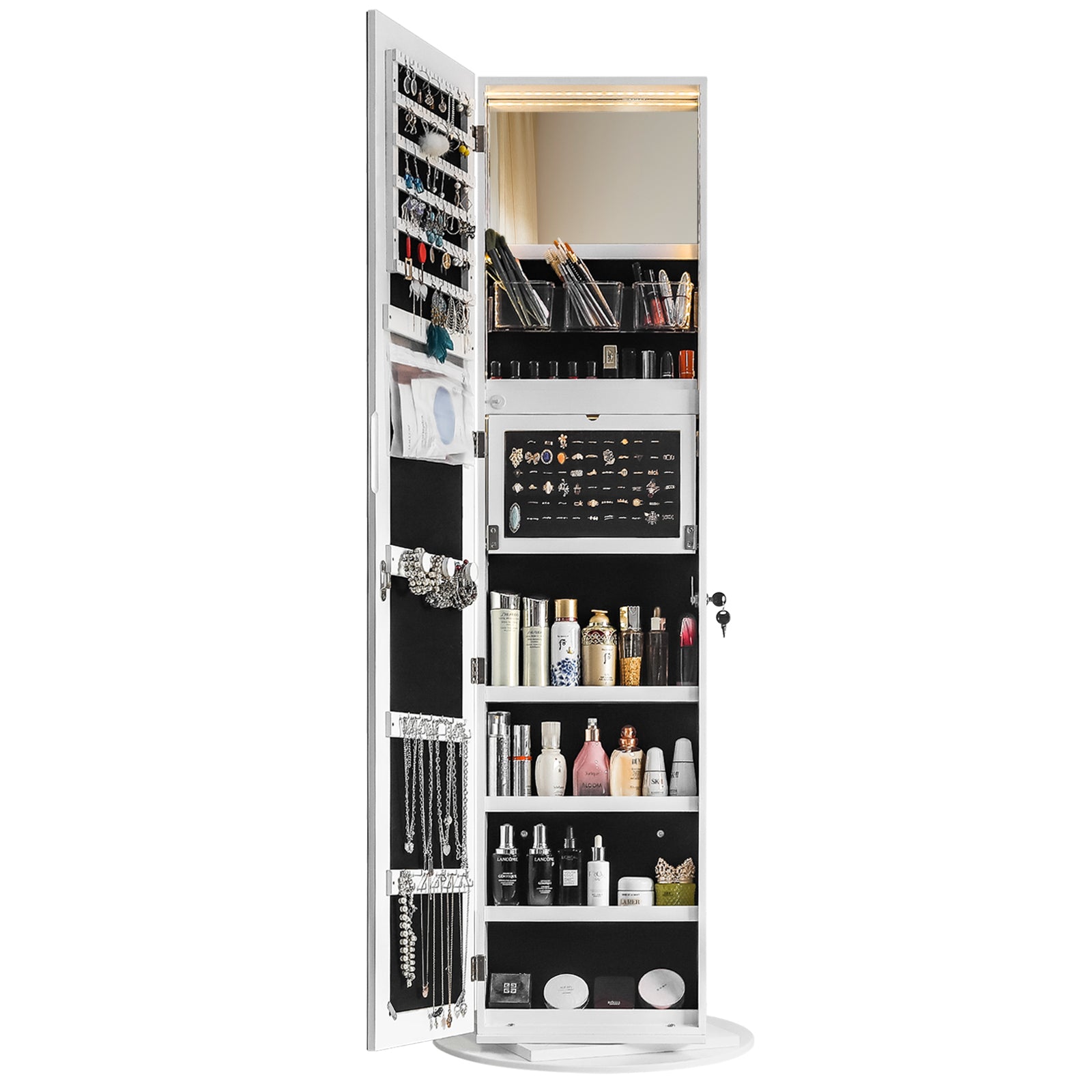 HAOYYE Jewelry Armoire with Full Length Mirror 360 Rotation Lockable Jewelry Organizer Cabinet with Multi Storage Shelves Large Capacity Mirror Armoire for Bedroom Closet Entryway