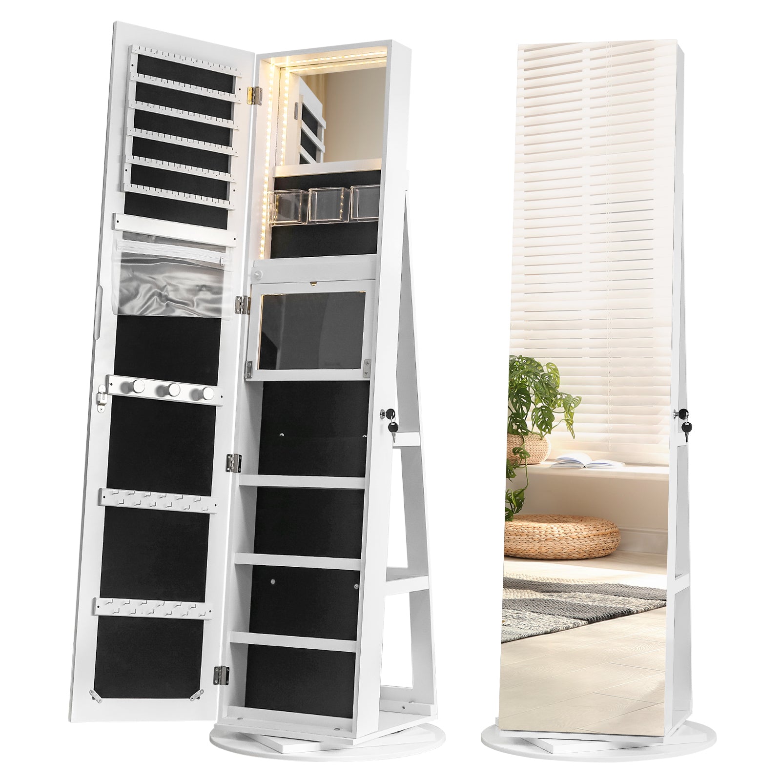 HAOYYE Jewelry Armoire with Full Length Mirror 360 Rotation Lockable Jewelry Organizer Cabinet with Multi Storage Shelves Large Capacity Mirror Armoire for Bedroom Closet Entryway