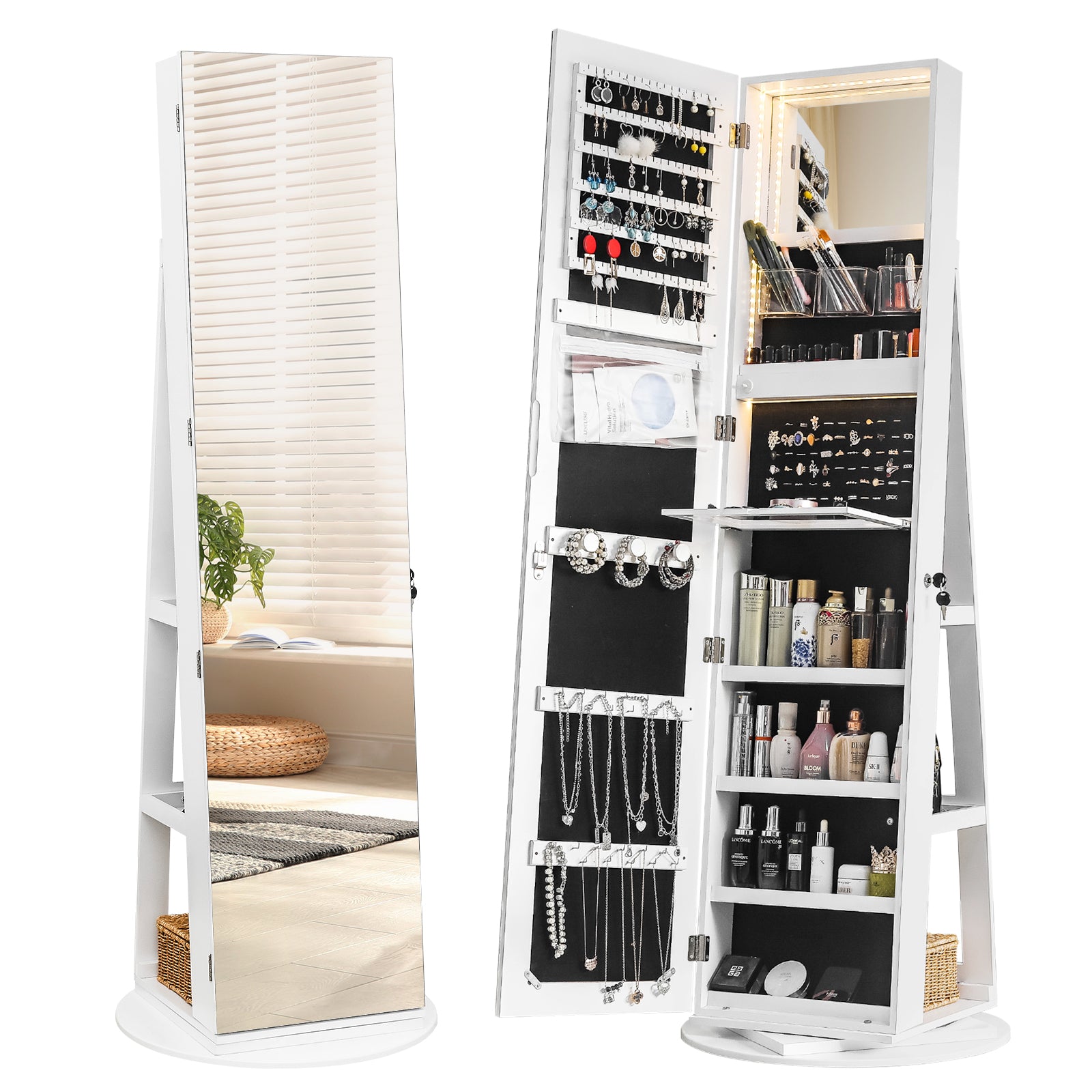 HAOYYE Jewelry Armoire with Full Length Mirror 360 Rotation Lockable Jewelry Organizer Cabinet with Multi Storage Shelves Large Capacity Mirror Armoire for Bedroom Closet Entryway