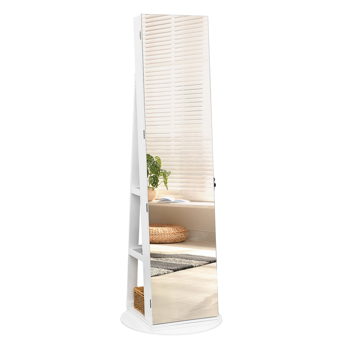 HAOYYE Jewelry Armoire with Full Length Mirror 360 Rotation Lockable Jewelry Organizer Cabinet with Multi Storage Shelves Large Capacity Mirror Armoire for Bedroom Closet Entryway