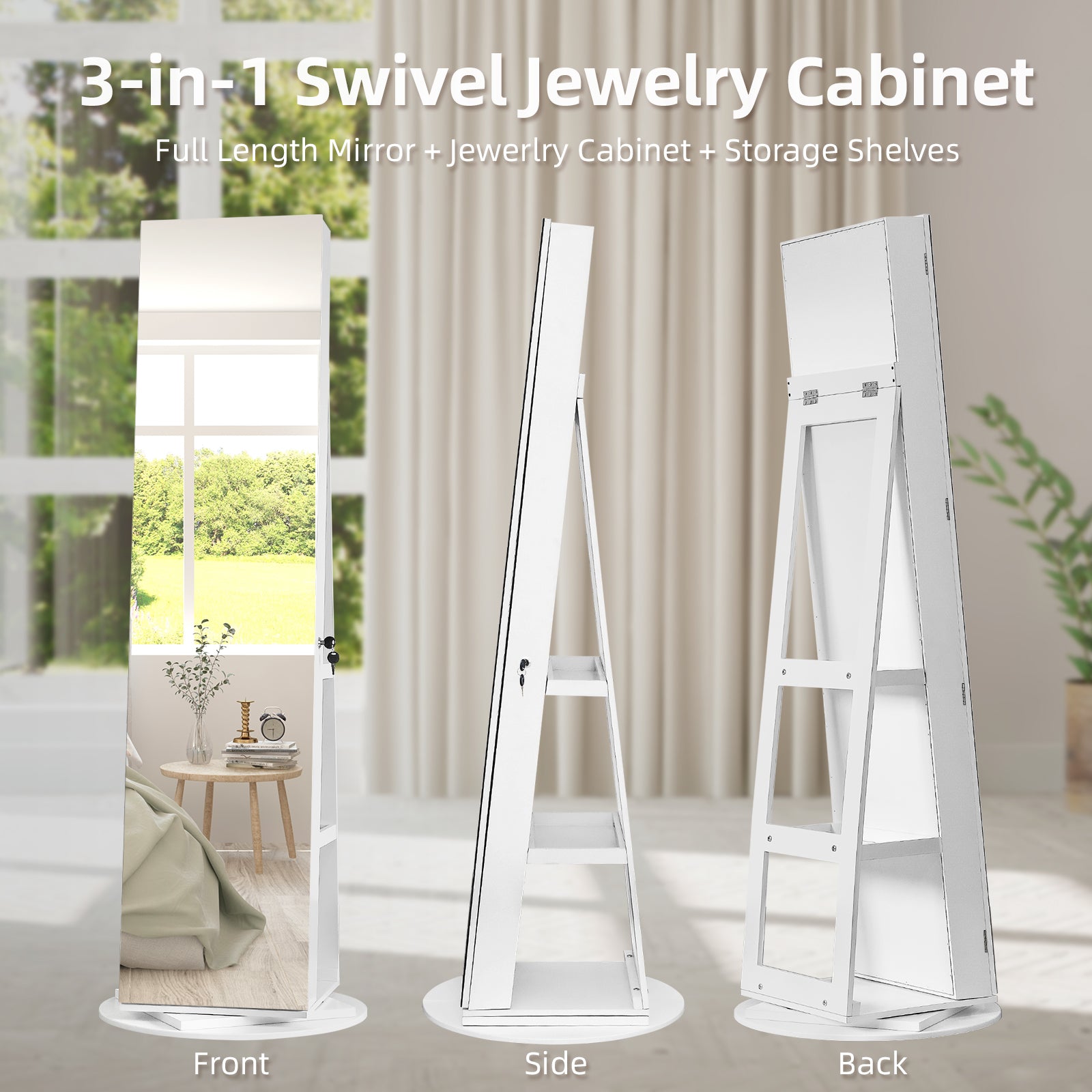 HAOYYE Jewelry Armoire with Full Length Mirror 360 Rotation Lockable Jewelry Organizer Cabinet with Multi Storage Shelves Large Capacity Mirror Armoire for Bedroom Closet Entryway