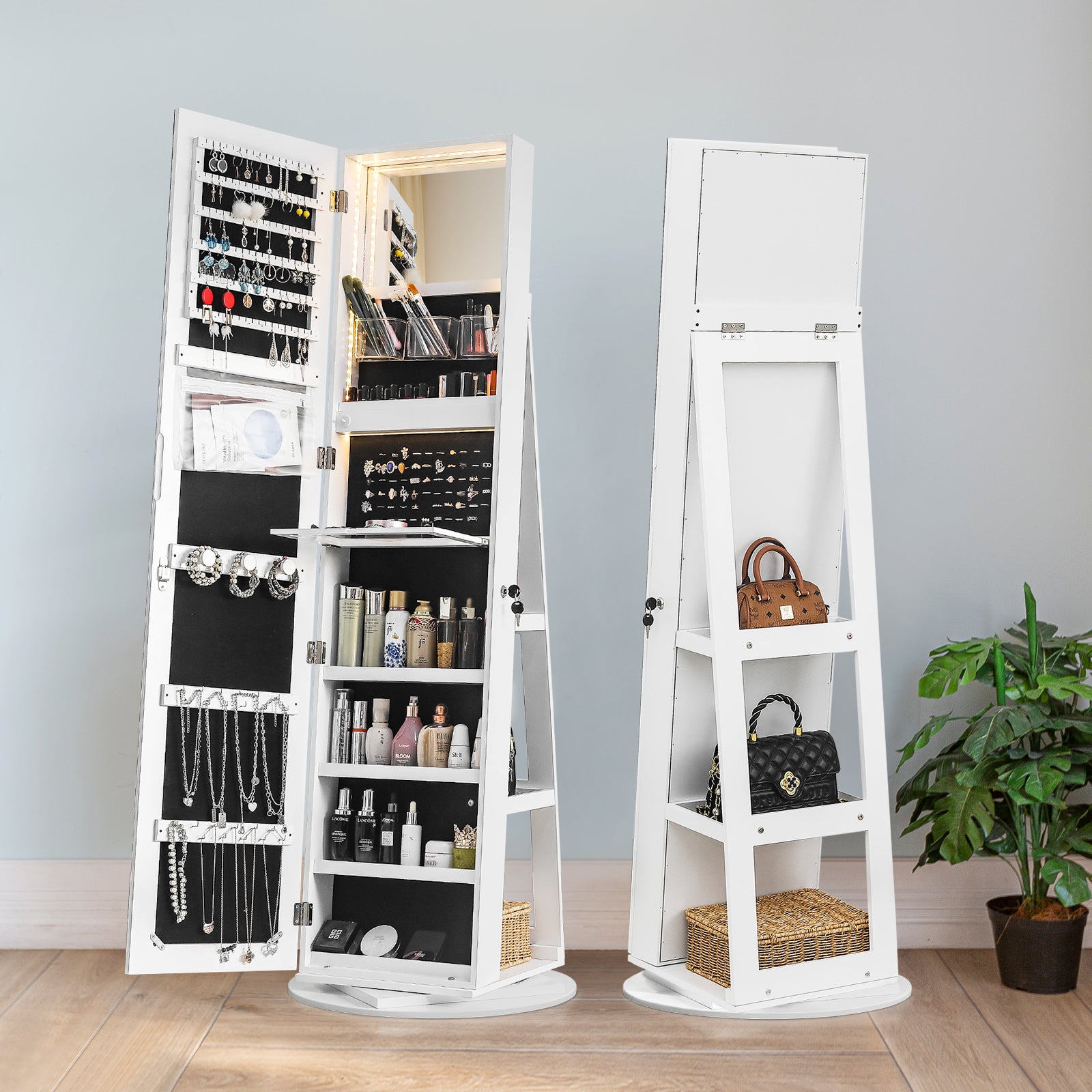 HAOYYE Jewelry Armoire with Full Length Mirror 360 Rotation Lockable Jewelry Organizer Cabinet with Multi Storage Shelves Large Capacity Mirror Armoire for Bedroom Closet Entryway