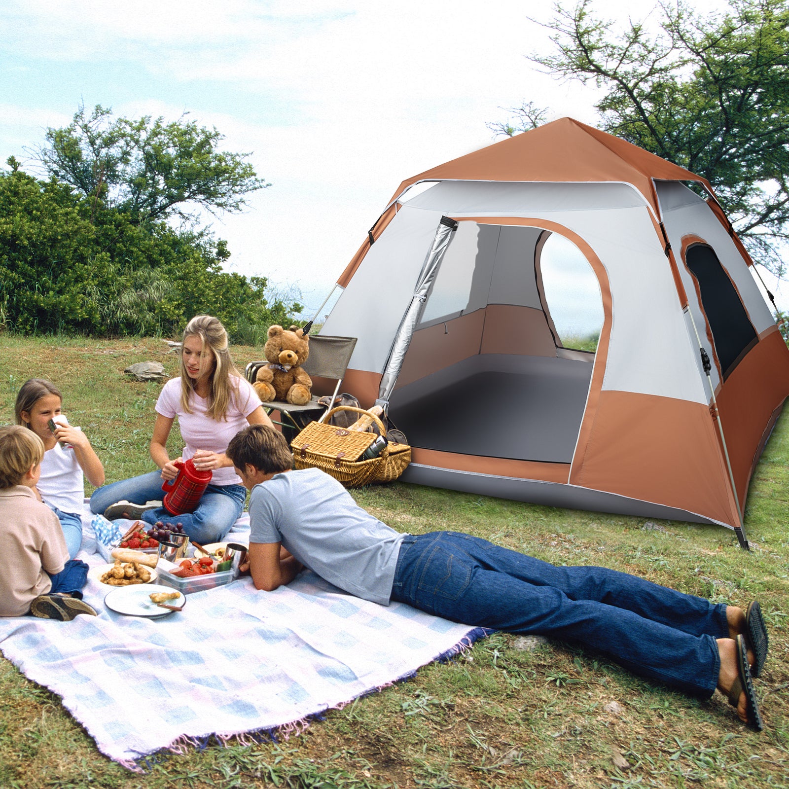 HAOYYE 240x240x150cm Spring Quick Open 4 Person Family Tent Brown Portable Camping Shelter Waterproof Sunshade Pop Up Tent for Outdoor Hiking Travel Garden Picnic Use