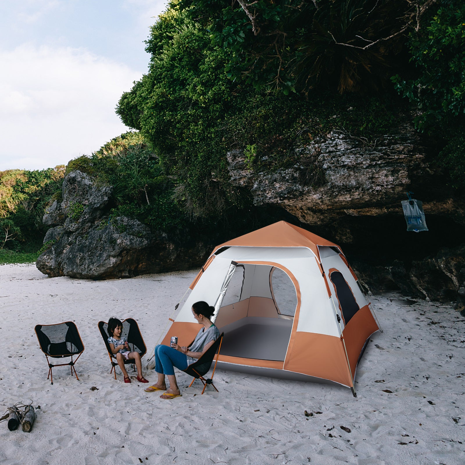 HAOYYE 240x240x150cm Spring Quick Open 4 Person Family Tent Brown Portable Camping Shelter Waterproof Sunshade Pop Up Tent for Outdoor Hiking Travel Garden Picnic Use