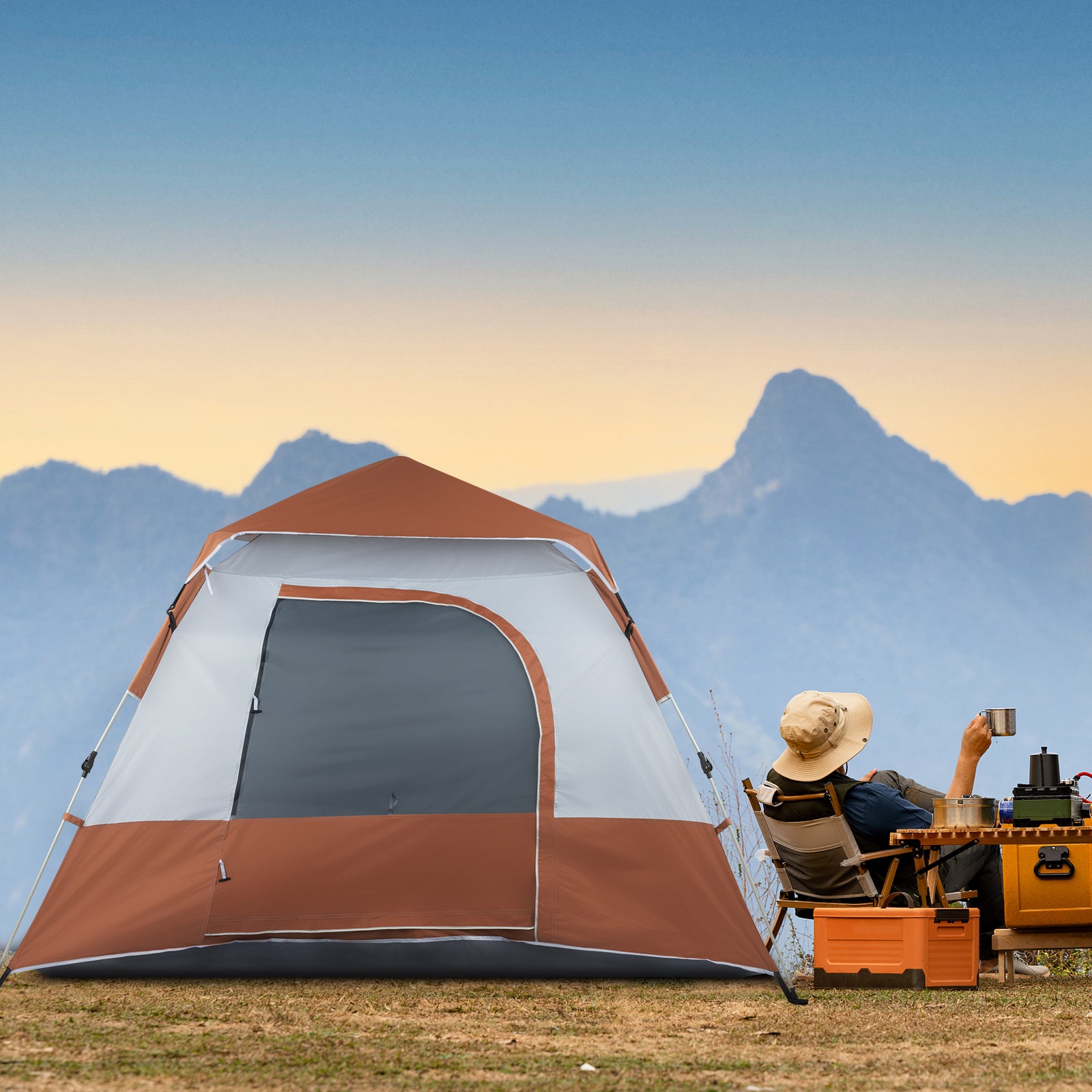HAOYYE 240x240x150cm Spring Quick Open 4 Person Family Tent Brown Portable Camping Shelter Waterproof Sunshade Pop Up Tent for Outdoor Hiking Travel Garden Picnic Use
