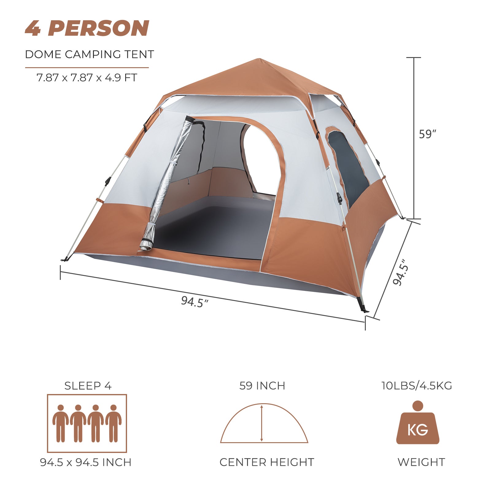 HAOYYE 240x240x150cm Spring Quick Open 4 Person Family Tent Brown Portable Camping Shelter Waterproof Sunshade Pop Up Tent for Outdoor Hiking Travel Garden Picnic Use