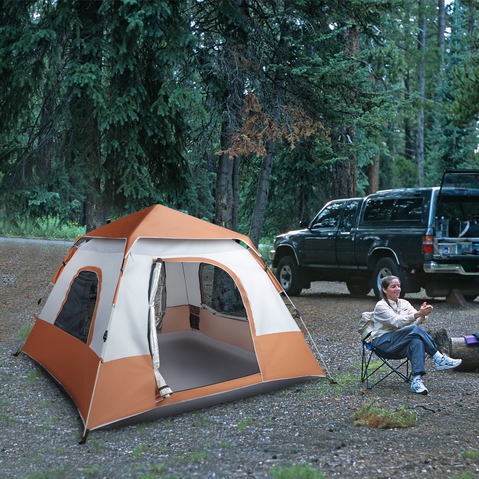 HAOYYE 240x240x150cm Spring Quick Open 4 Person Family Tent Brown Portable Camping Shelter Waterproof Sunshade Pop Up Tent for Outdoor Hiking Travel Garden Picnic Use