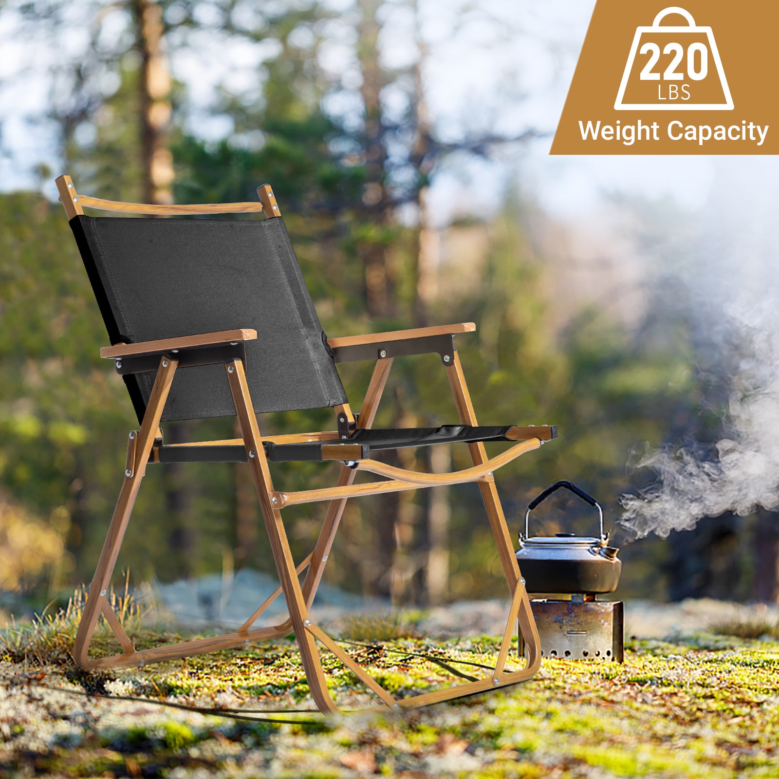 HAOYYE Large Camping Chair Black Aluminum Frame Oxford Fabric with Imitation Wood Grain Spray Paint Foldable Outdoor Chair Supports up to 100kg for Picnic Travel Beach Patio Relaxing