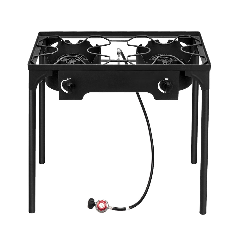 HAOYYE Double Burner Outdoor Camp Stove 150000-BTU High Pressure Cast Iron Propane Gas Cooker with Removable Legs and Regulator for Camping Patio Tailgate Brewing