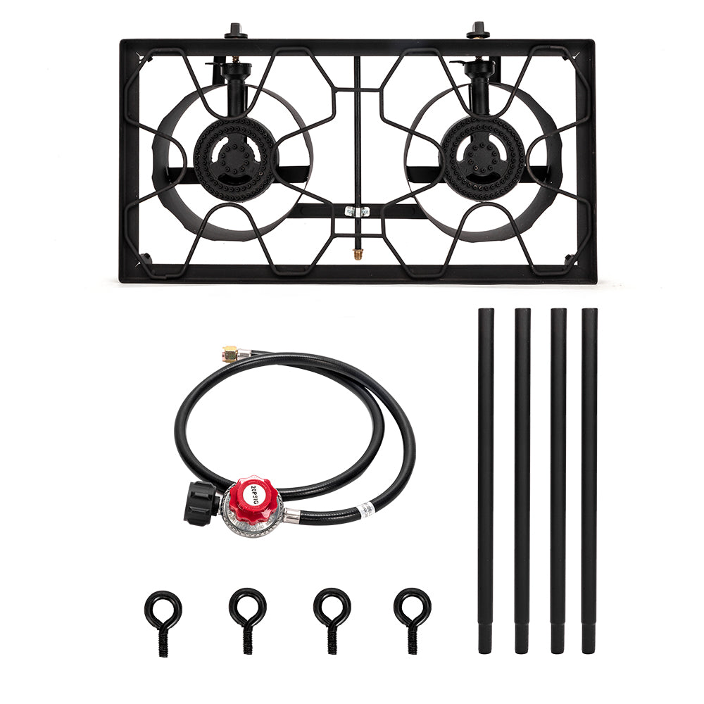 HAOYYE Double Burner Outdoor Camp Stove 150000-BTU High Pressure Cast Iron Propane Gas Cooker with Removable Legs and Regulator for Camping Patio Tailgate Brewing