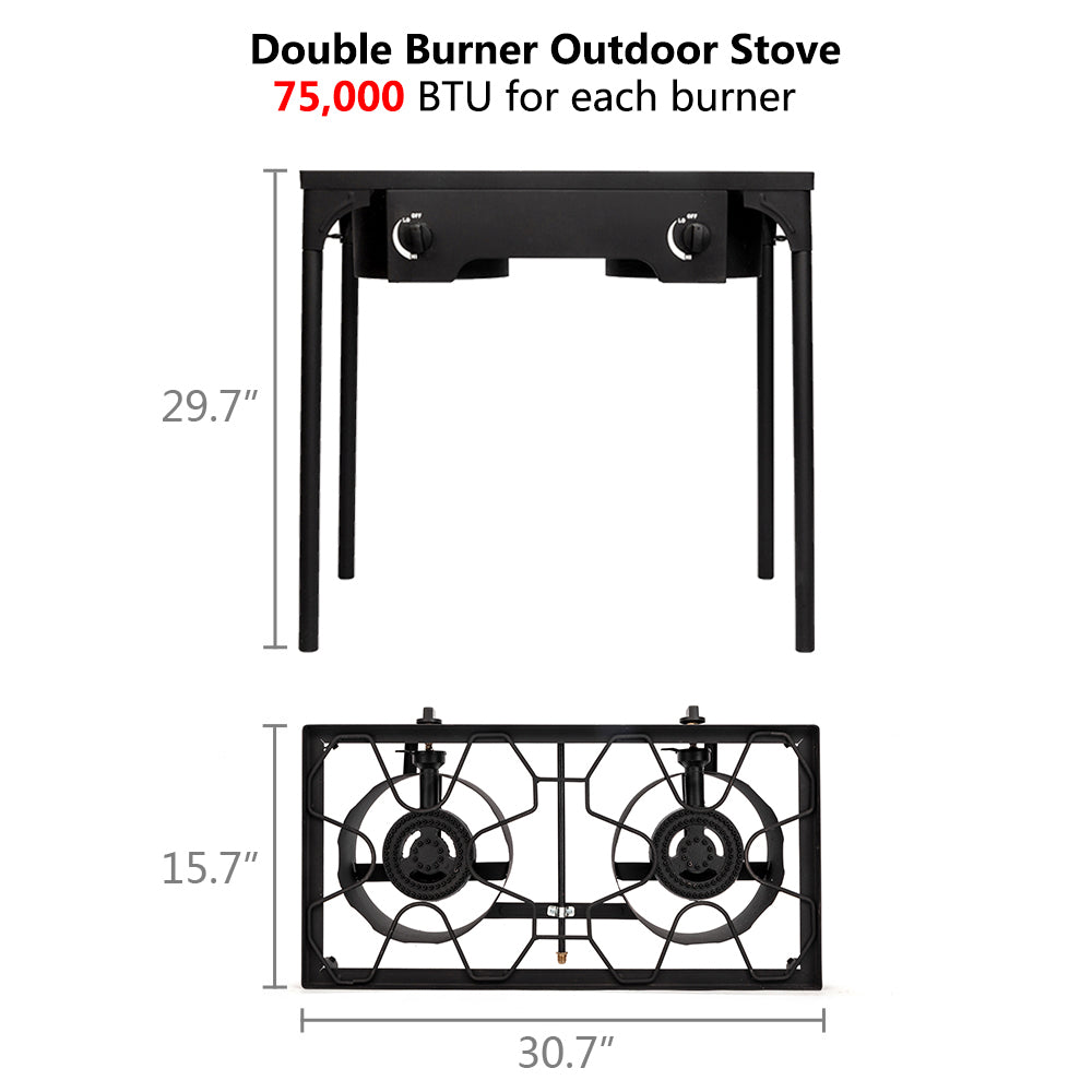 HAOYYE Double Burner Outdoor Camp Stove 150000-BTU High Pressure Cast Iron Propane Gas Cooker with Removable Legs and Regulator for Camping Patio Tailgate Brewing