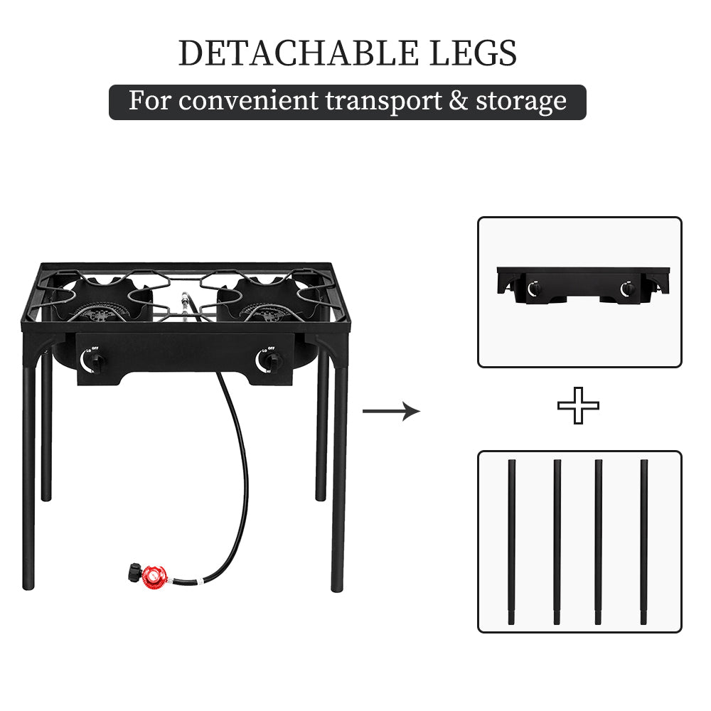 HAOYYE Double Burner Outdoor Camp Stove 150000-BTU High Pressure Cast Iron Propane Gas Cooker with Removable Legs and Regulator for Camping Patio Tailgate Brewing