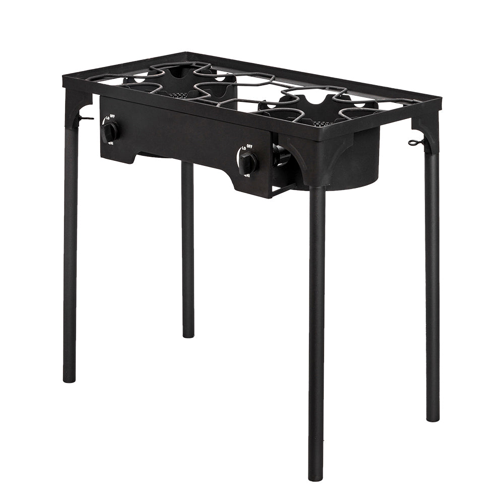 HAOYYE Double Burner Outdoor Camp Stove 150000-BTU High Pressure Cast Iron Propane Gas Cooker with Removable Legs and Regulator for Camping Patio Tailgate Brewing