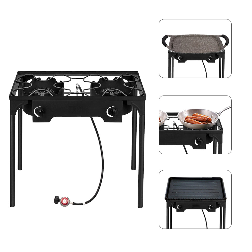 HAOYYE Double Burner Outdoor Camp Stove 150000-BTU High Pressure Cast Iron Propane Gas Cooker with Removable Legs and Regulator for Camping Patio Tailgate Brewing
