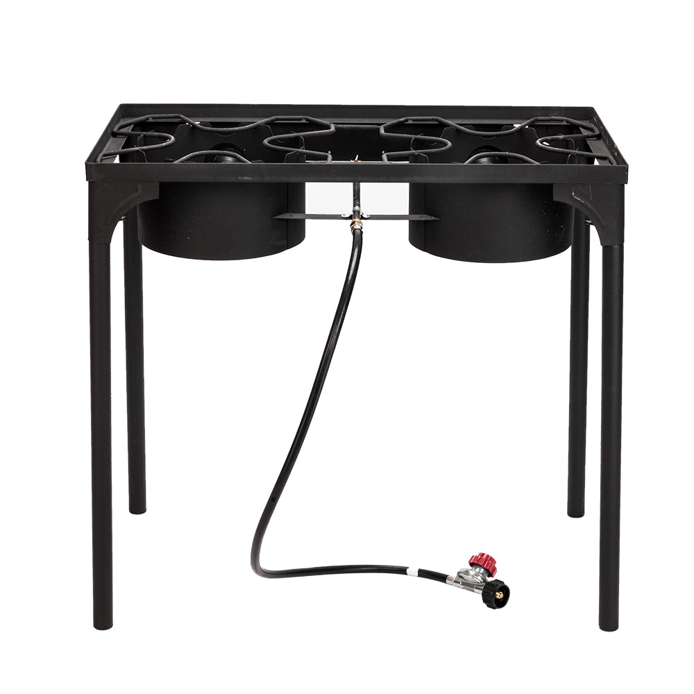 HAOYYE Double Burner Outdoor Camp Stove 150000-BTU High Pressure Cast Iron Propane Gas Cooker with Removable Legs and Regulator for Camping Patio Tailgate Brewing
