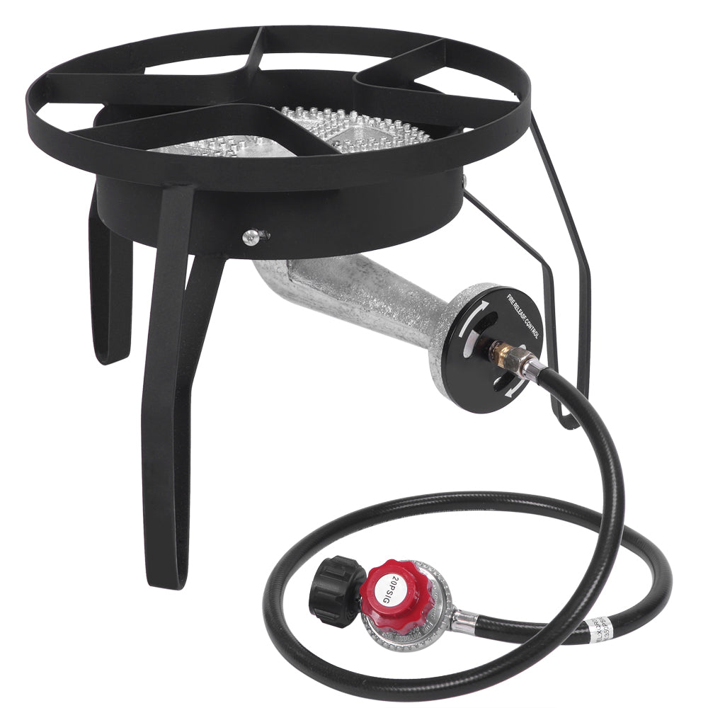 HAOYYE Outdoor Propane Round Furnace with 20000 BTU Output High Heat Burner Head 26cm Diameter Includes 1.2m Leather Hose and 0 to 20PSI Adjustable High Pressure Valve for Camping Cooking Grilling