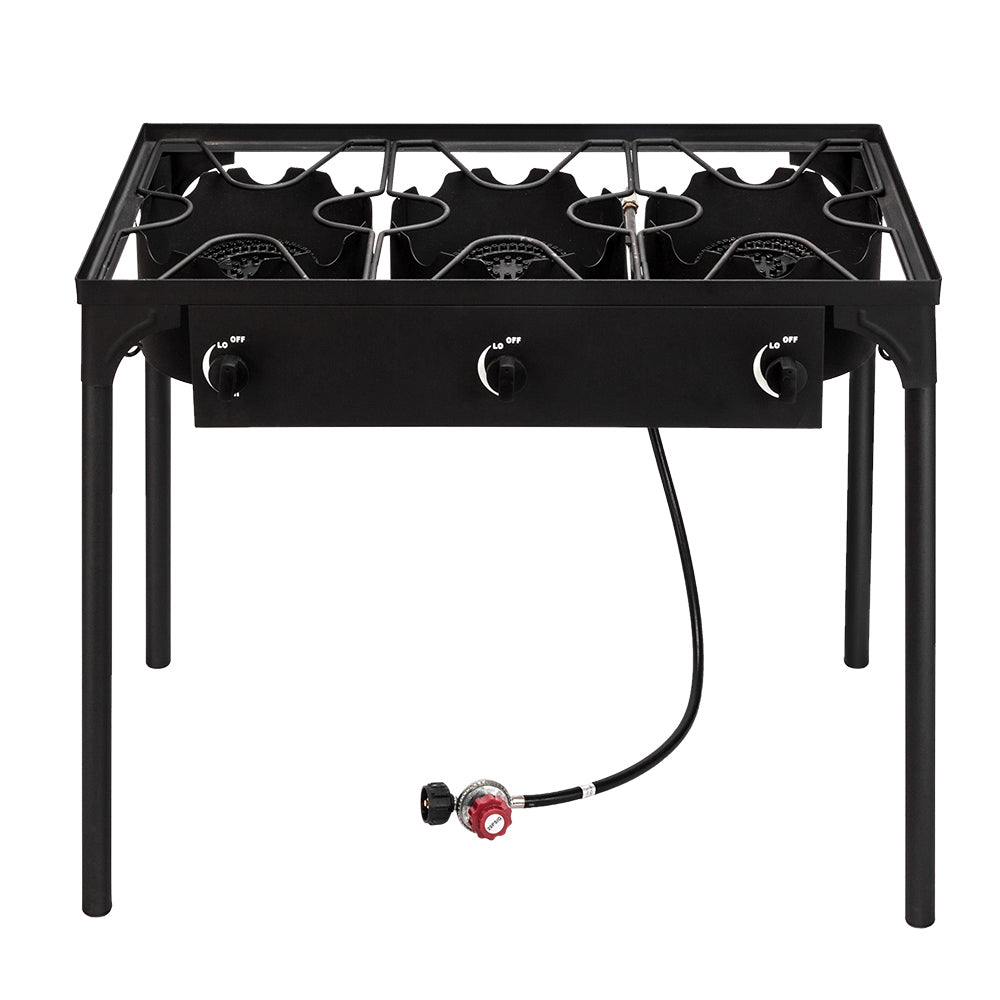 HAOYYE Outdoor Camp Stove 225000 BTU High Pressure Propane Gas Cooker, Portable Cast Iron Three Burner with Adjustable Regulator and Removable Legs for Patio Cooking, Camping, Tailgating