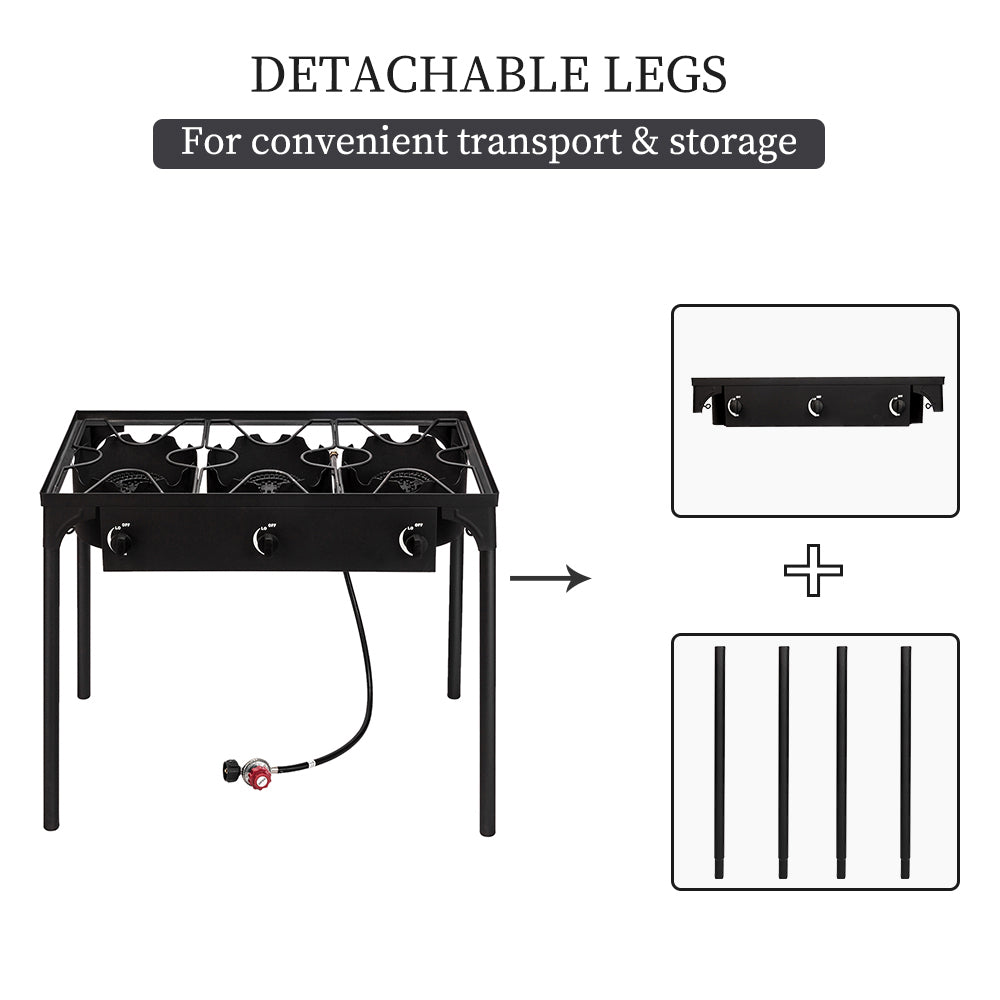 HAOYYE Outdoor Camp Stove 225000 BTU High Pressure Propane Gas Cooker, Portable Cast Iron Three Burner with Adjustable Regulator and Removable Legs for Patio Cooking, Camping, Tailgating