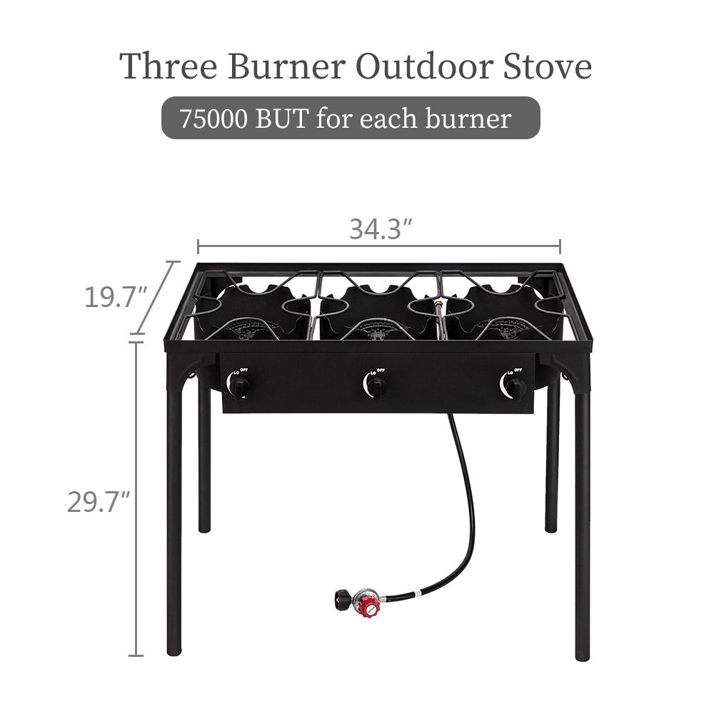 HAOYYE Outdoor Camp Stove 225000 BTU High Pressure Propane Gas Cooker, Portable Cast Iron Three Burner with Adjustable Regulator and Removable Legs for Patio Cooking, Camping, Tailgating