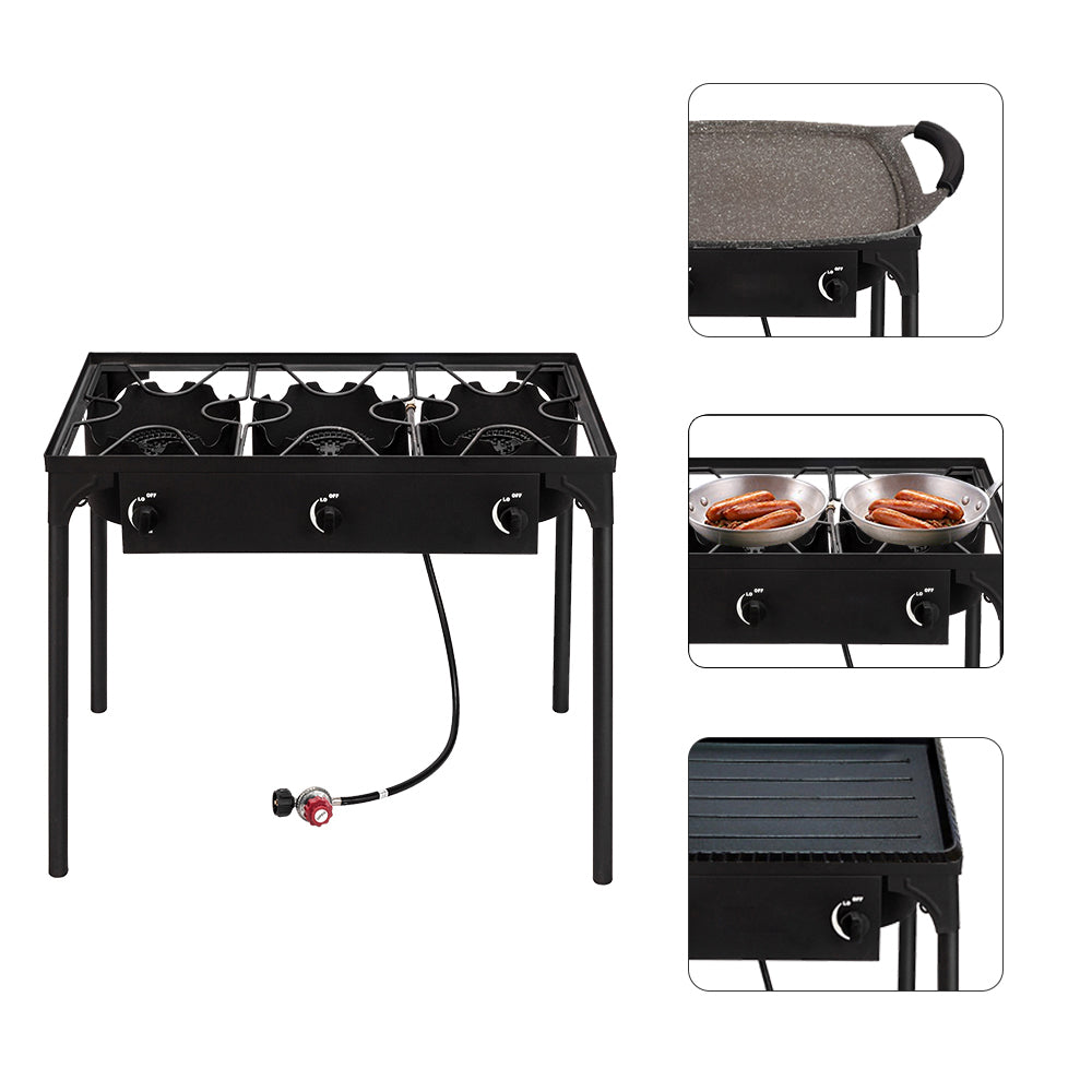 HAOYYE Outdoor Camp Stove 225000 BTU High Pressure Propane Gas Cooker, Portable Cast Iron Three Burner with Adjustable Regulator and Removable Legs for Patio Cooking, Camping, Tailgating