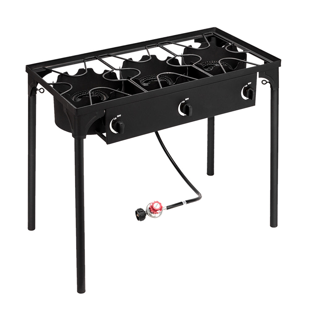 HAOYYE Outdoor Camp Stove 225000 BTU High Pressure Propane Gas Cooker, Portable Cast Iron Three Burner with Adjustable Regulator and Removable Legs for Patio Cooking, Camping, Tailgating