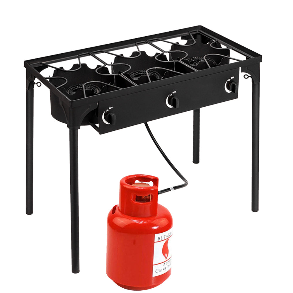 HAOYYE Outdoor Camp Stove 225000 BTU High Pressure Propane Gas Cooker, Portable Cast Iron Three Burner with Adjustable Regulator and Removable Legs for Patio Cooking, Camping, Tailgating