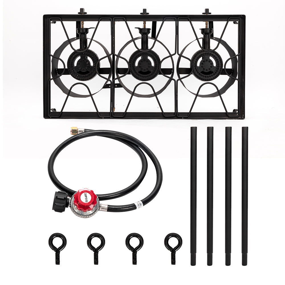 HAOYYE Outdoor Camp Stove 225000 BTU High Pressure Propane Gas Cooker, Portable Cast Iron Three Burner with Adjustable Regulator and Removable Legs for Patio Cooking, Camping, Tailgating