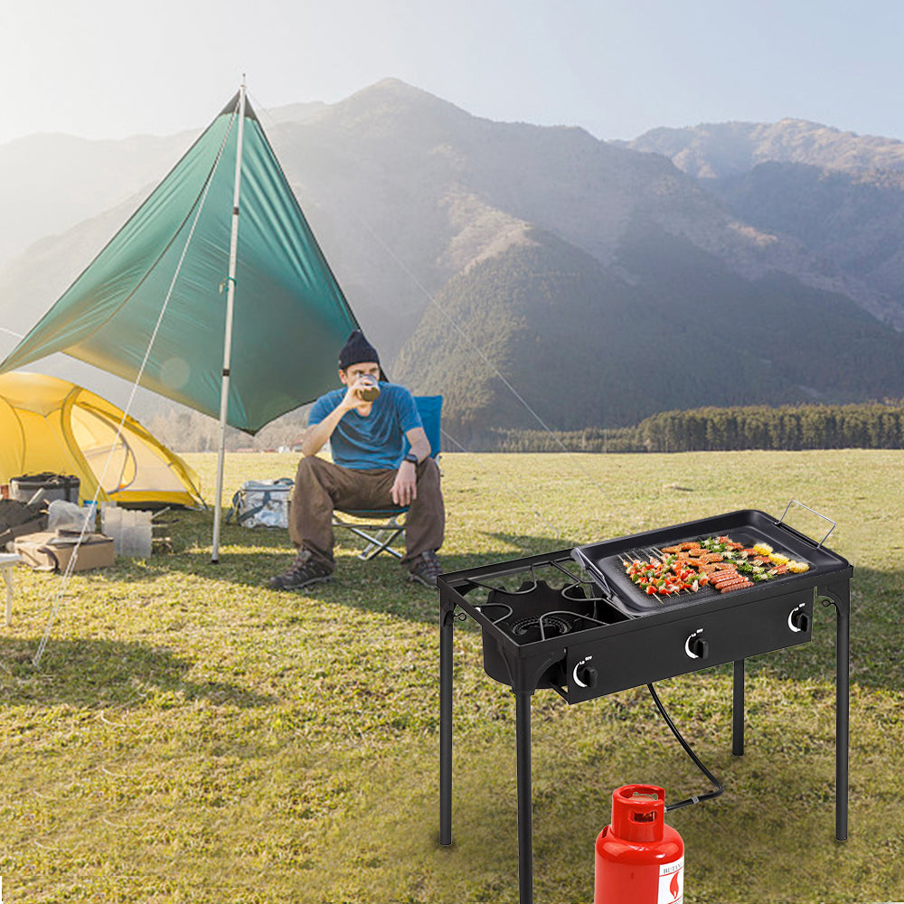HAOYYE Outdoor Camp Stove 225000 BTU High Pressure Propane Gas Cooker, Portable Cast Iron Three Burner with Adjustable Regulator and Removable Legs for Patio Cooking, Camping, Tailgating