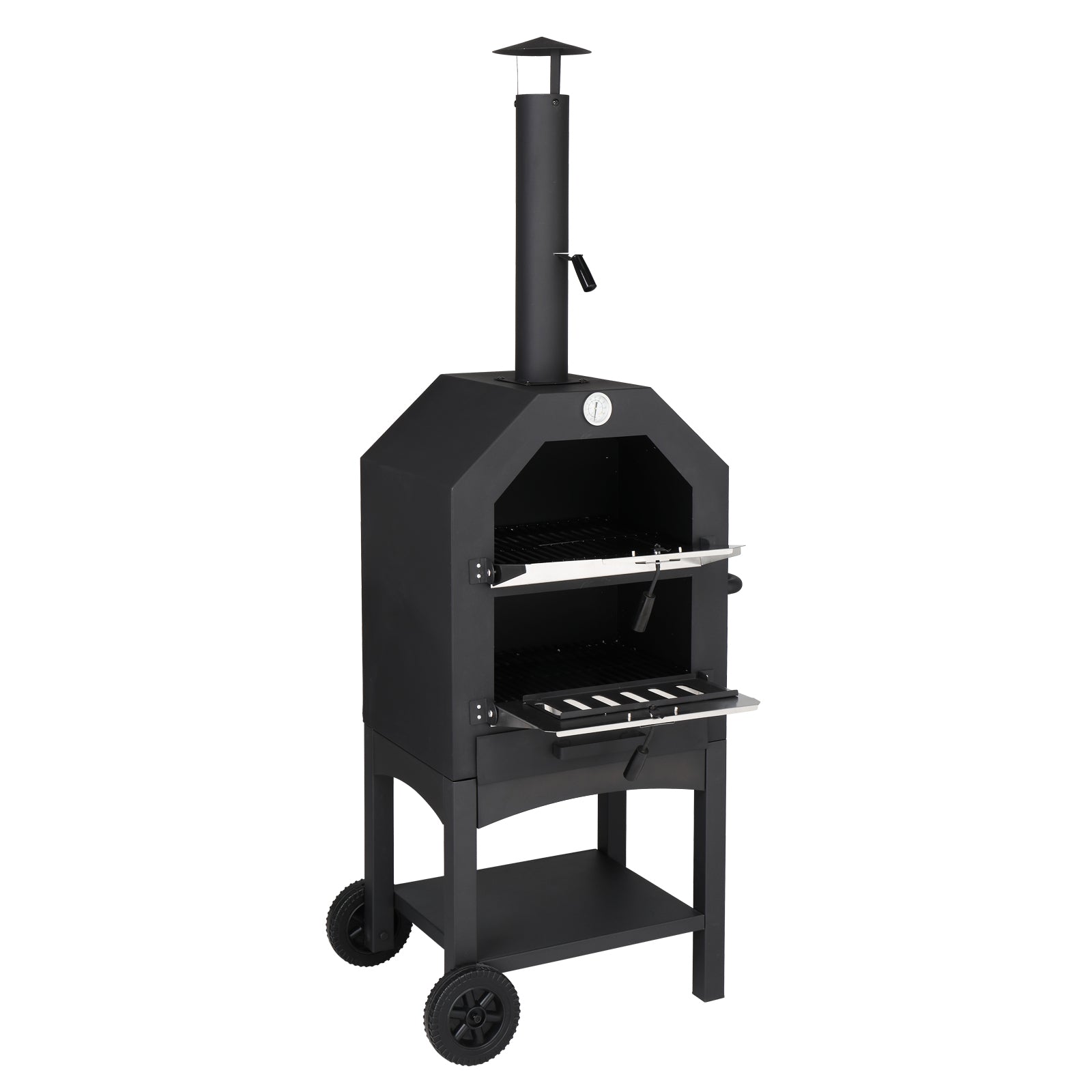 HAOYYE Outdoor Wood Fired Pizza Oven with Pizza Stone Peel and Grill Rack, Portable Backyard and Camping Pizza Maker with Built-in Thermometer and Wheels for Patio Cooking and Outdoor Entertaining