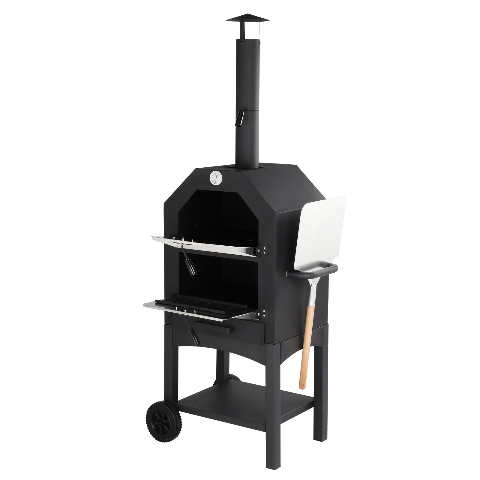 HAOYYE Outdoor Wood Fired Pizza Oven with Pizza Stone Peel and Grill Rack, Portable Backyard and Camping Pizza Maker with Built-in Thermometer and Wheels for Patio Cooking and Outdoor Entertaining