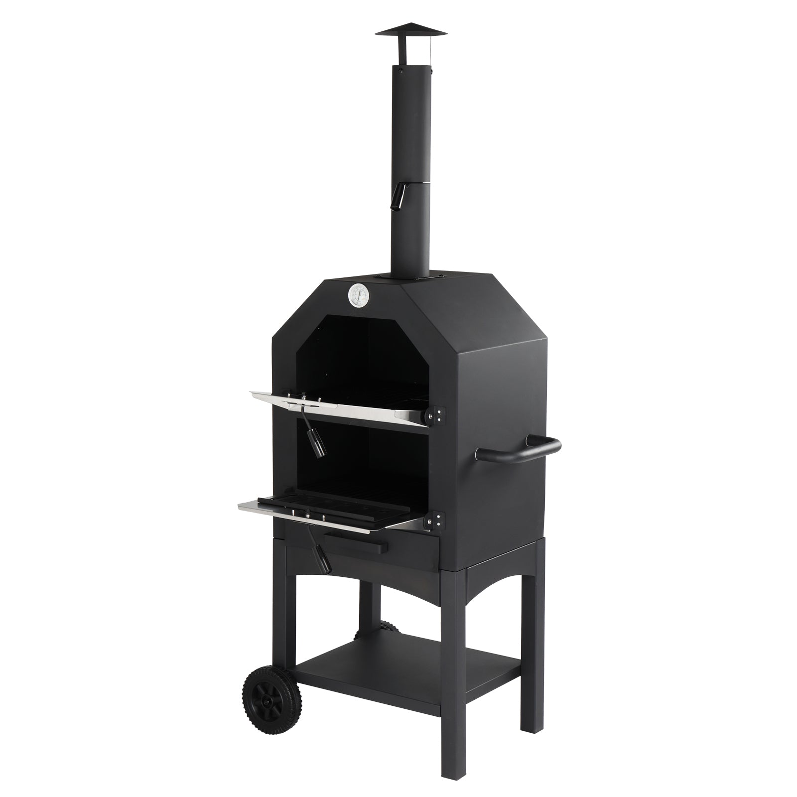 HAOYYE Outdoor Wood Fired Pizza Oven with Pizza Stone Peel and Grill Rack, Portable Backyard and Camping Pizza Maker with Built-in Thermometer and Wheels for Patio Cooking and Outdoor Entertaining