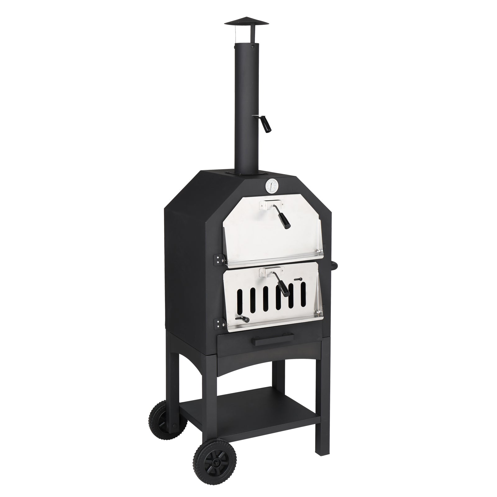 HAOYYE Outdoor Wood Fired Pizza Oven with Pizza Stone Peel and Grill Rack, Portable Backyard and Camping Pizza Maker with Built-in Thermometer and Wheels for Patio Cooking and Outdoor Entertaining