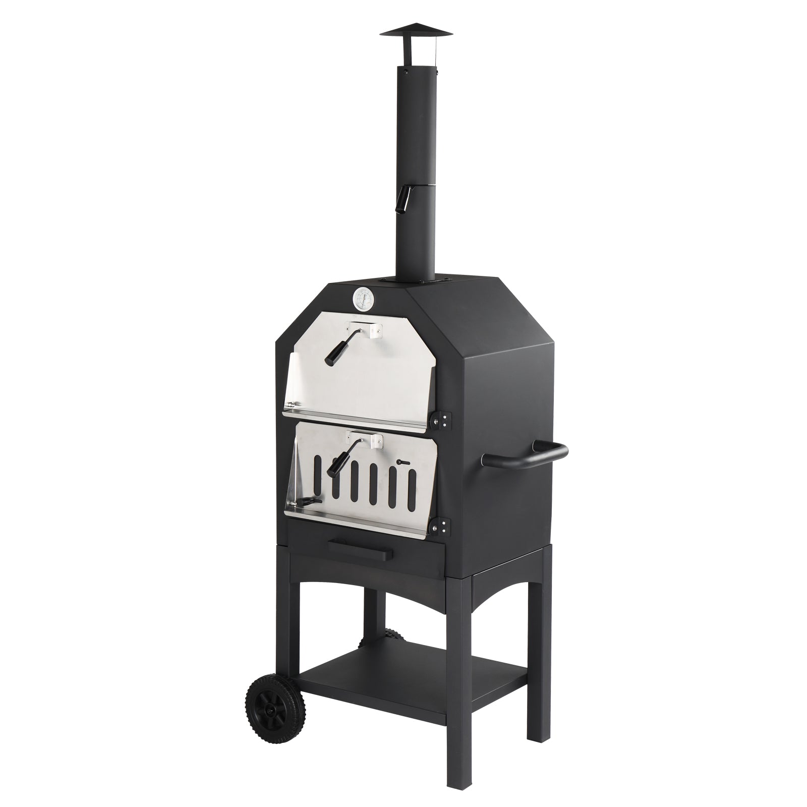HAOYYE Outdoor Wood Fired Pizza Oven with Pizza Stone Peel and Grill Rack, Portable Backyard and Camping Pizza Maker with Built-in Thermometer and Wheels for Patio Cooking and Outdoor Entertaining