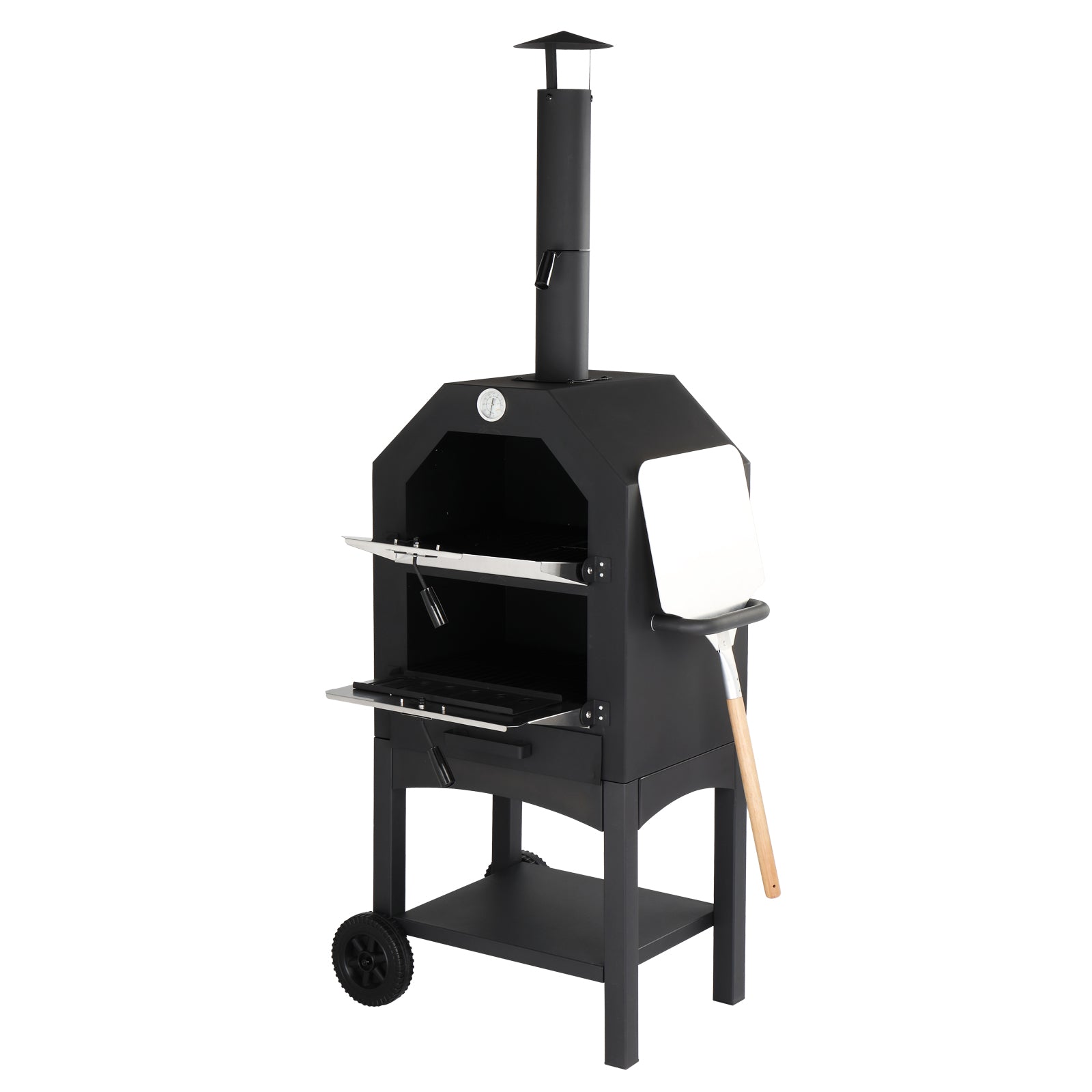 HAOYYE Outdoor Wood Fired Pizza Oven with Pizza Stone Peel and Grill Rack, Portable Backyard and Camping Pizza Maker with Built-in Thermometer and Wheels for Patio Cooking and Outdoor Entertaining