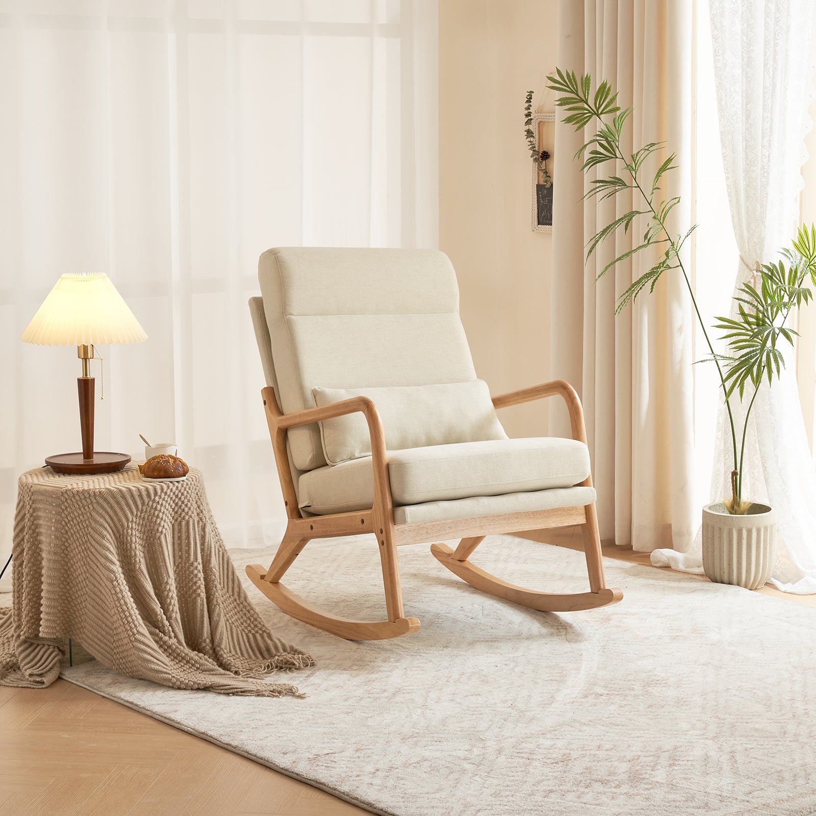 HAOYYE High Back Belt Waist Pillow Rocking Chair Armchair Dual Use Off-White Linen Soft Cozy Warm Flannel Fleece Solid Wood Armrest Backrest Iron Frame Indoor Seat for Living Room Bedroom Relaxation Comfortable Accent Chair