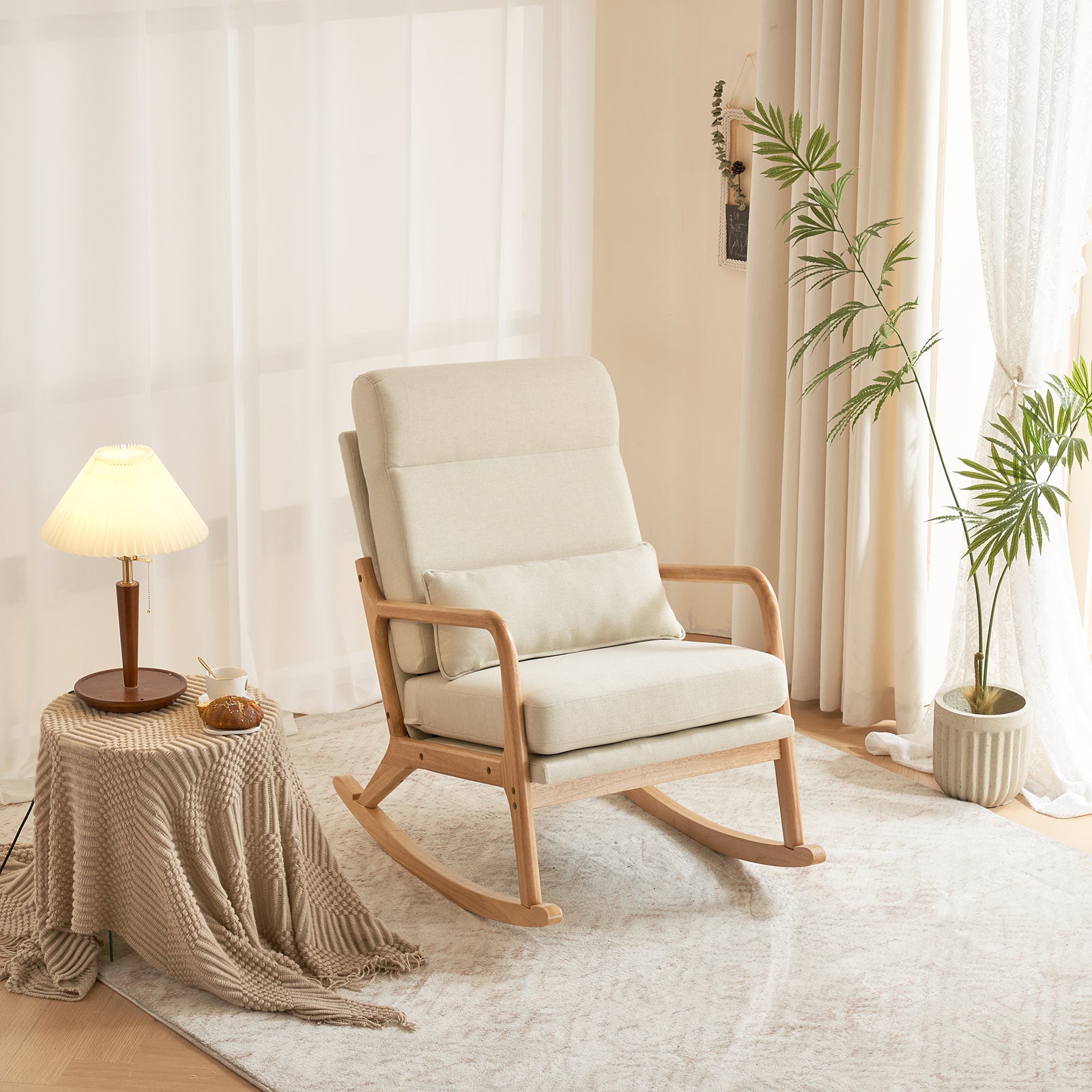 HAOYYE High Back Belt Waist Pillow Rocking Chair Armchair Dual Use Off-White Linen Soft Cozy Warm Flannel Fleece Solid Wood Armrest Backrest Iron Frame Indoor Seat for Living Room Bedroom Relaxation Comfortable Accent Chair