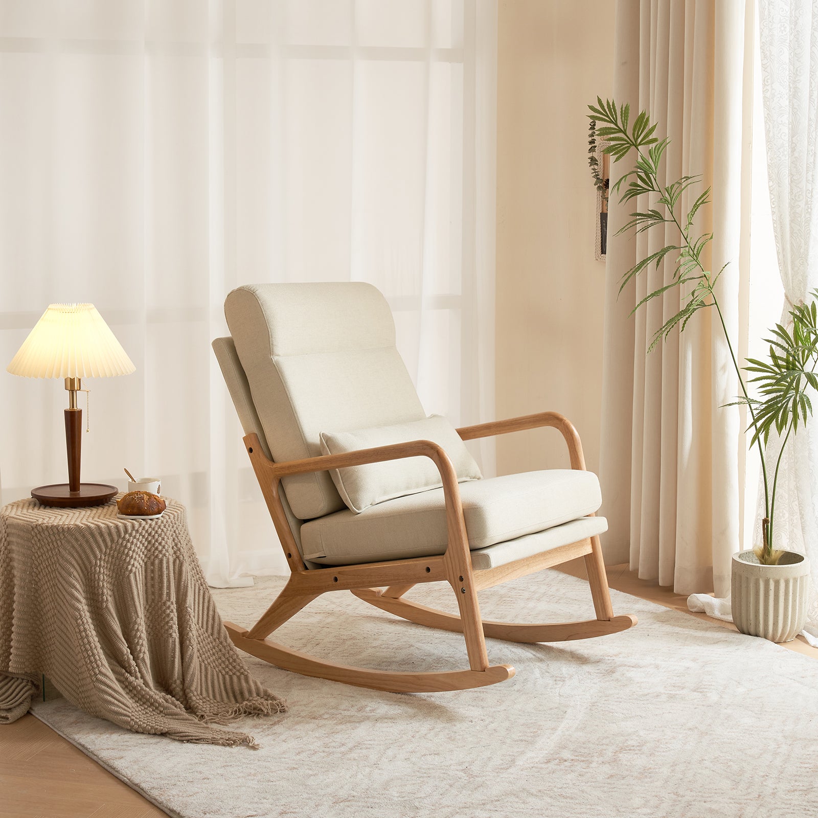 HAOYYE High Back Belt Waist Pillow Rocking Chair Armchair Dual Use Off-White Linen Soft Cozy Warm Flannel Fleece Solid Wood Armrest Backrest Iron Frame Indoor Seat for Living Room Bedroom Relaxation Comfortable Accent Chair
